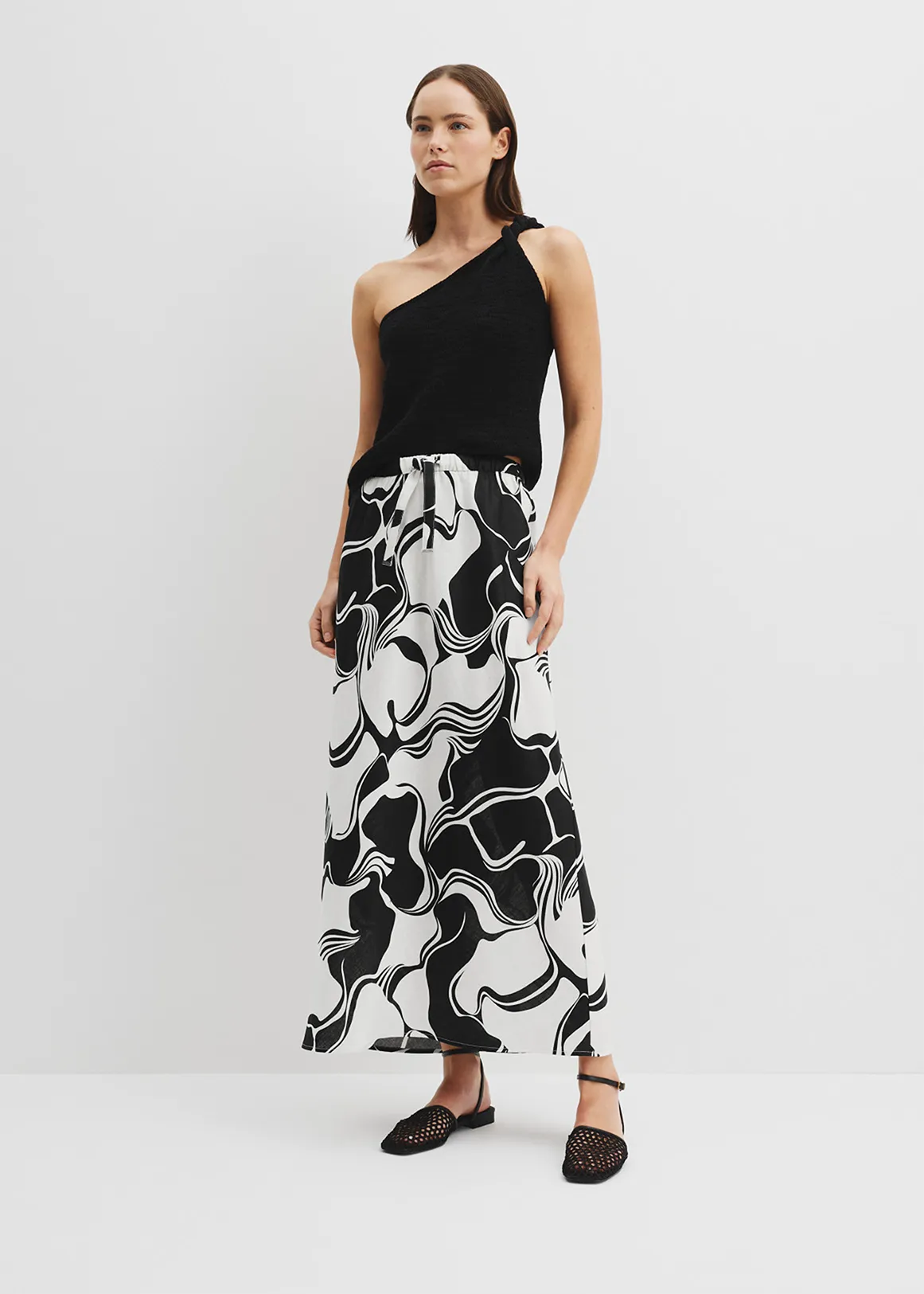 Organically Grown Linen Printed Column Skirt - BLACK SWIRL GEO