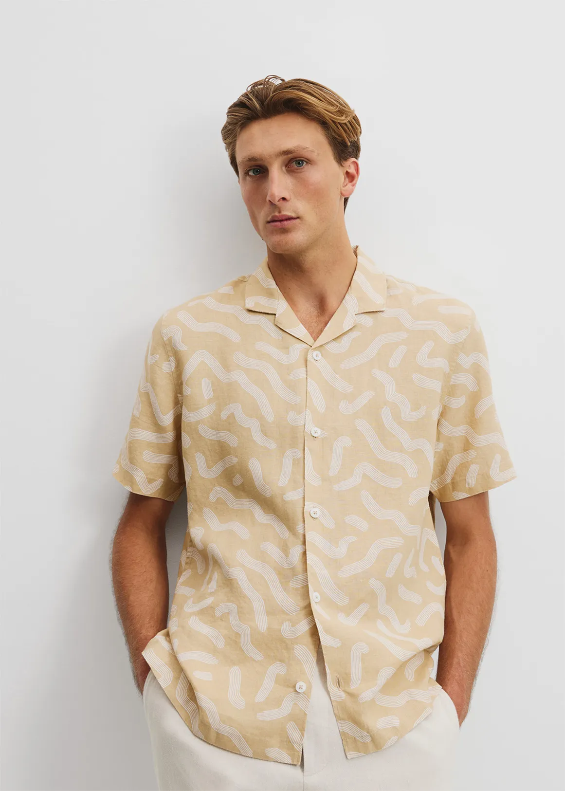 Organically Grown Linen Short Sleeve Linear Print Shirt - LATTE