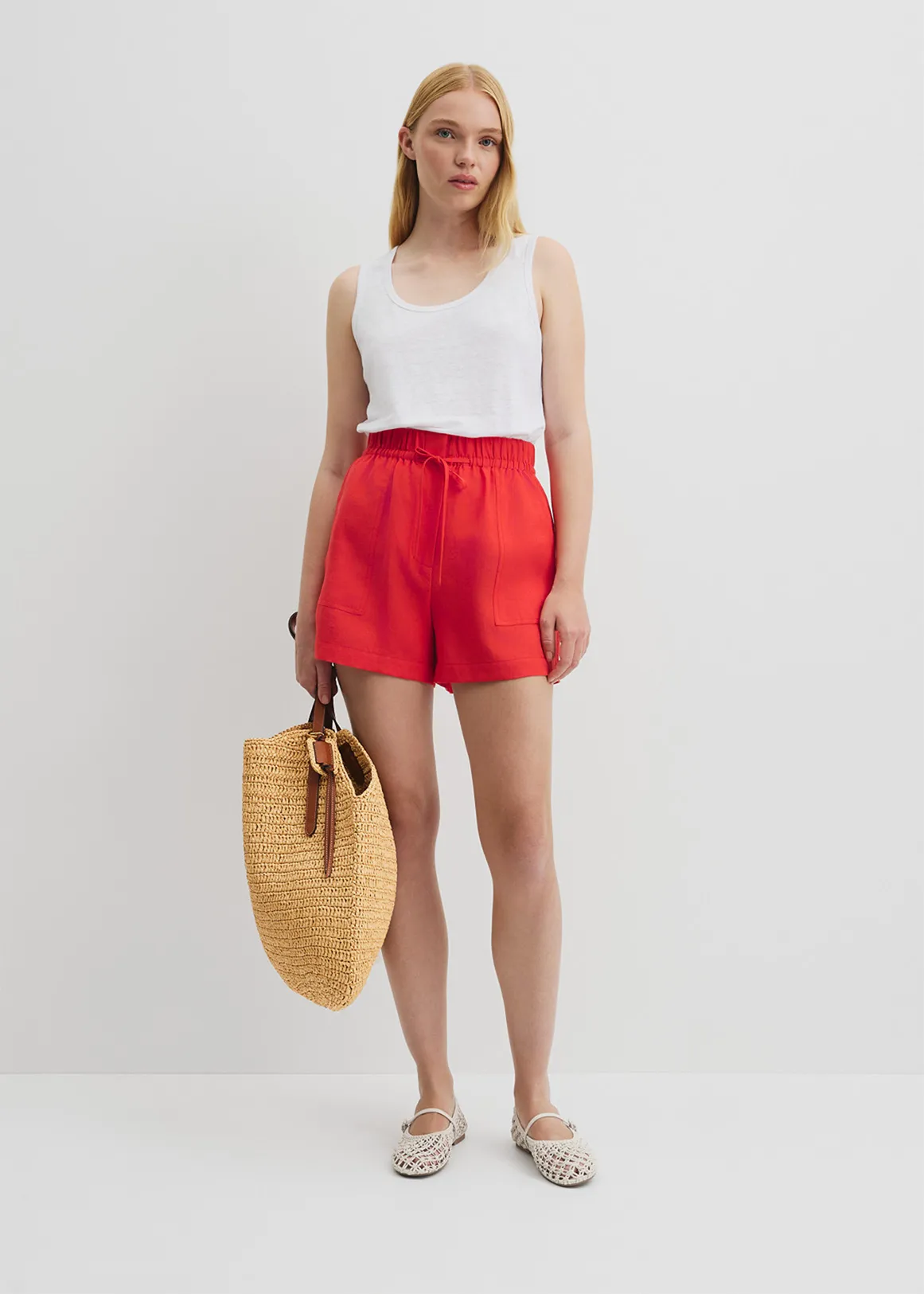 Organically Grown Linen Tie Detail Stripe Short - VIVID RED