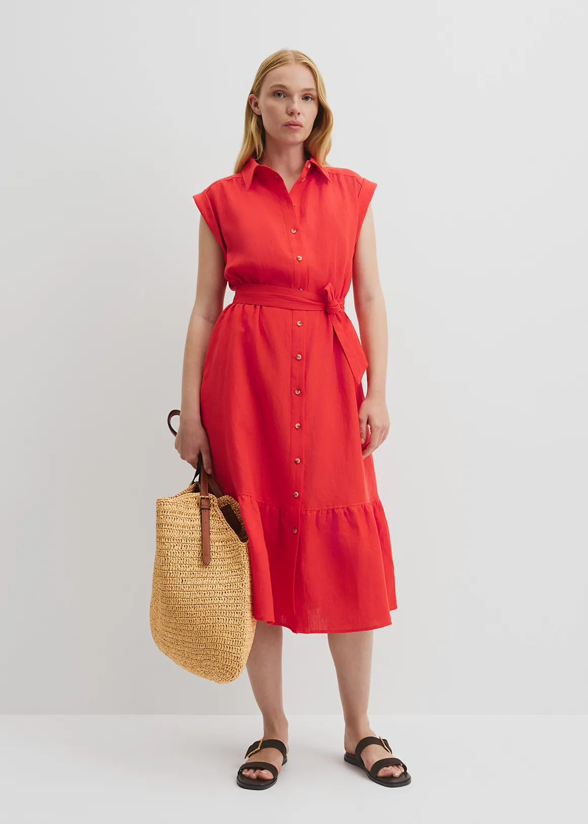 Organically Grown Linen Tiered Midi Dress - VIVID RED