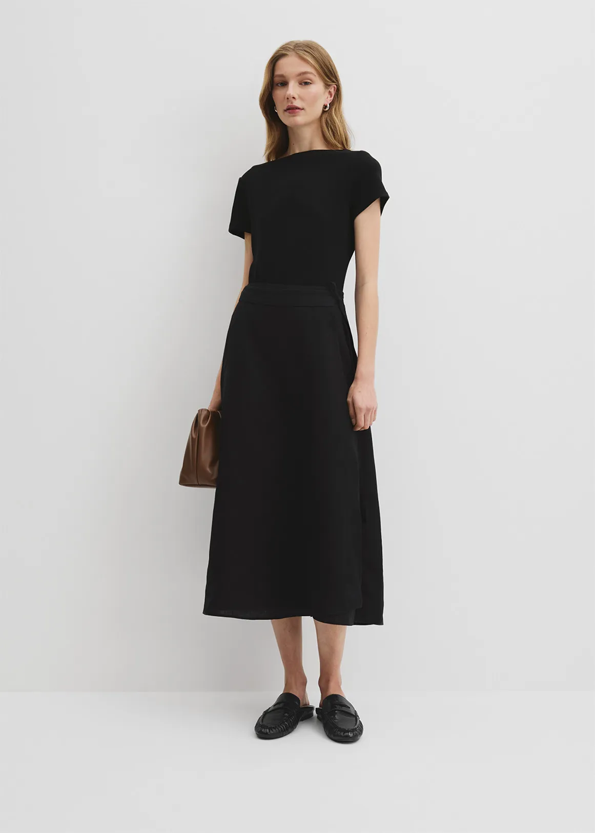 Organically Grown Linen Wrap Midi Skirt - BLACK