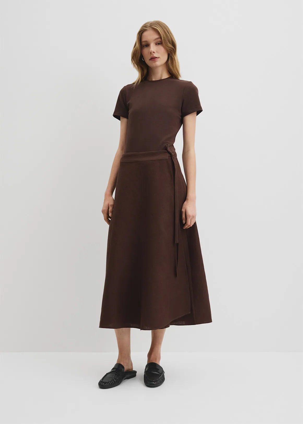 Organically Grown Linen Wrap Midi Skirt - COCOA