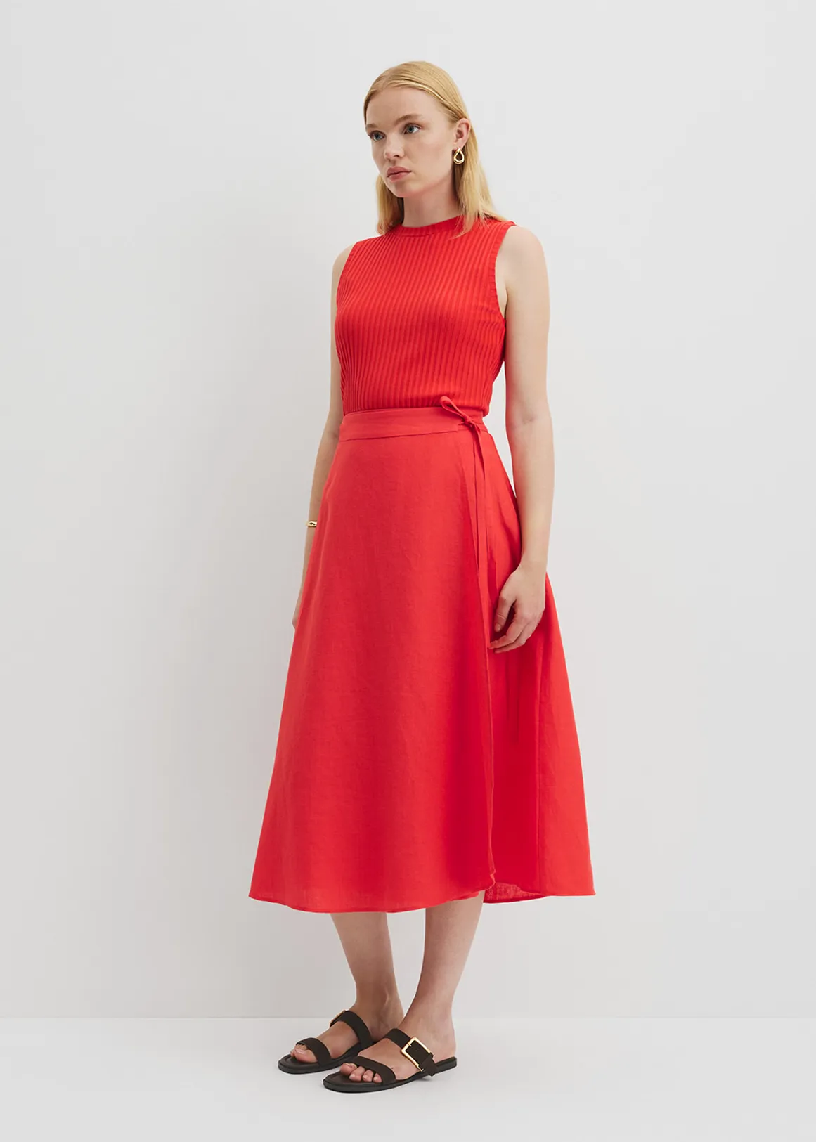Organically Grown Linen Wrap Midi Skirt - VIVID RED