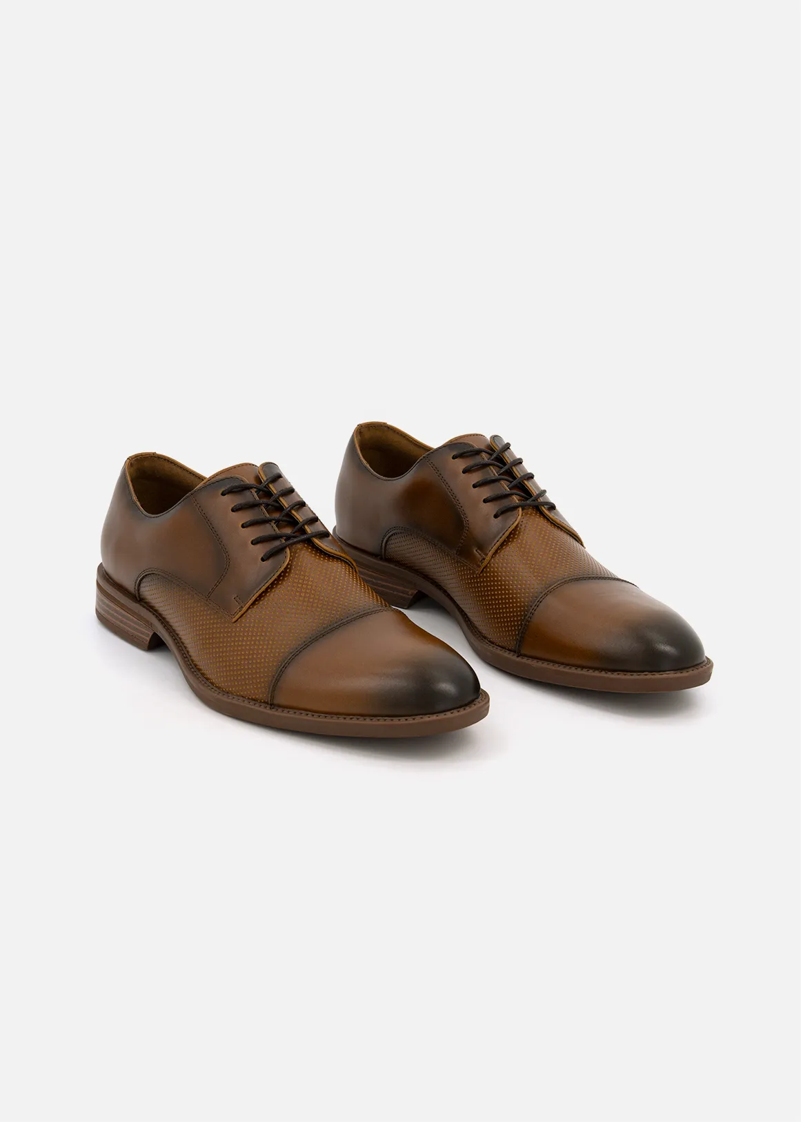 Perforated Burnished Faux Leather Derby Shoes - TAN