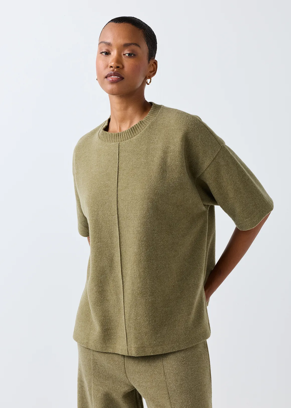 Pintuck Seam Relaxed Fit Knit T-shirt - KHAKI MELANGE