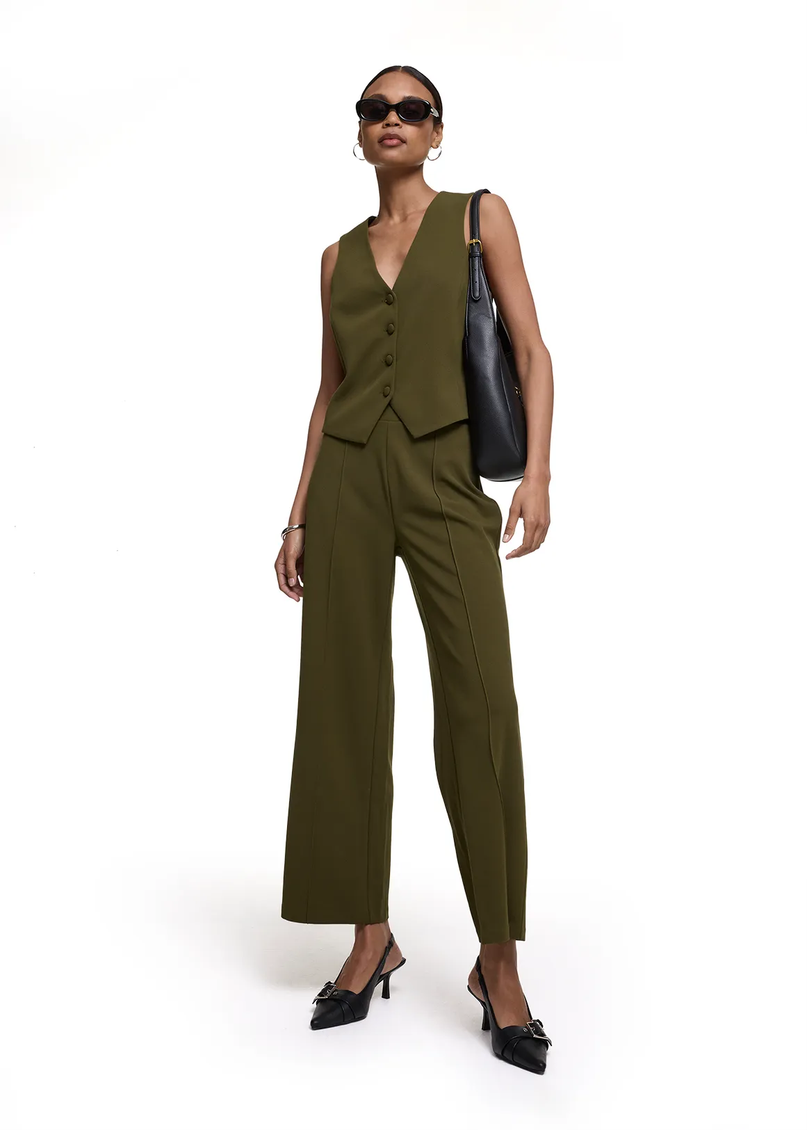 Pintuck Wide Leg Pants - KHAKI
