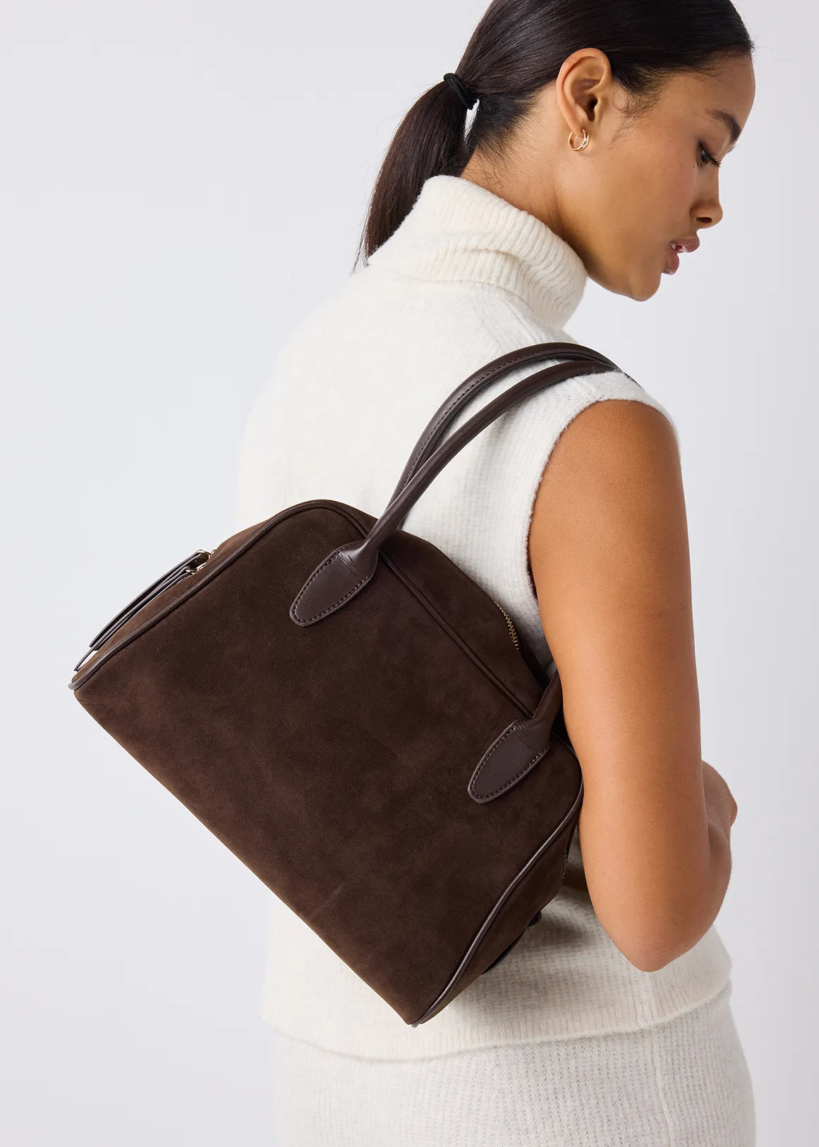 Piped Faux Suede Bowling Bag - BROWN