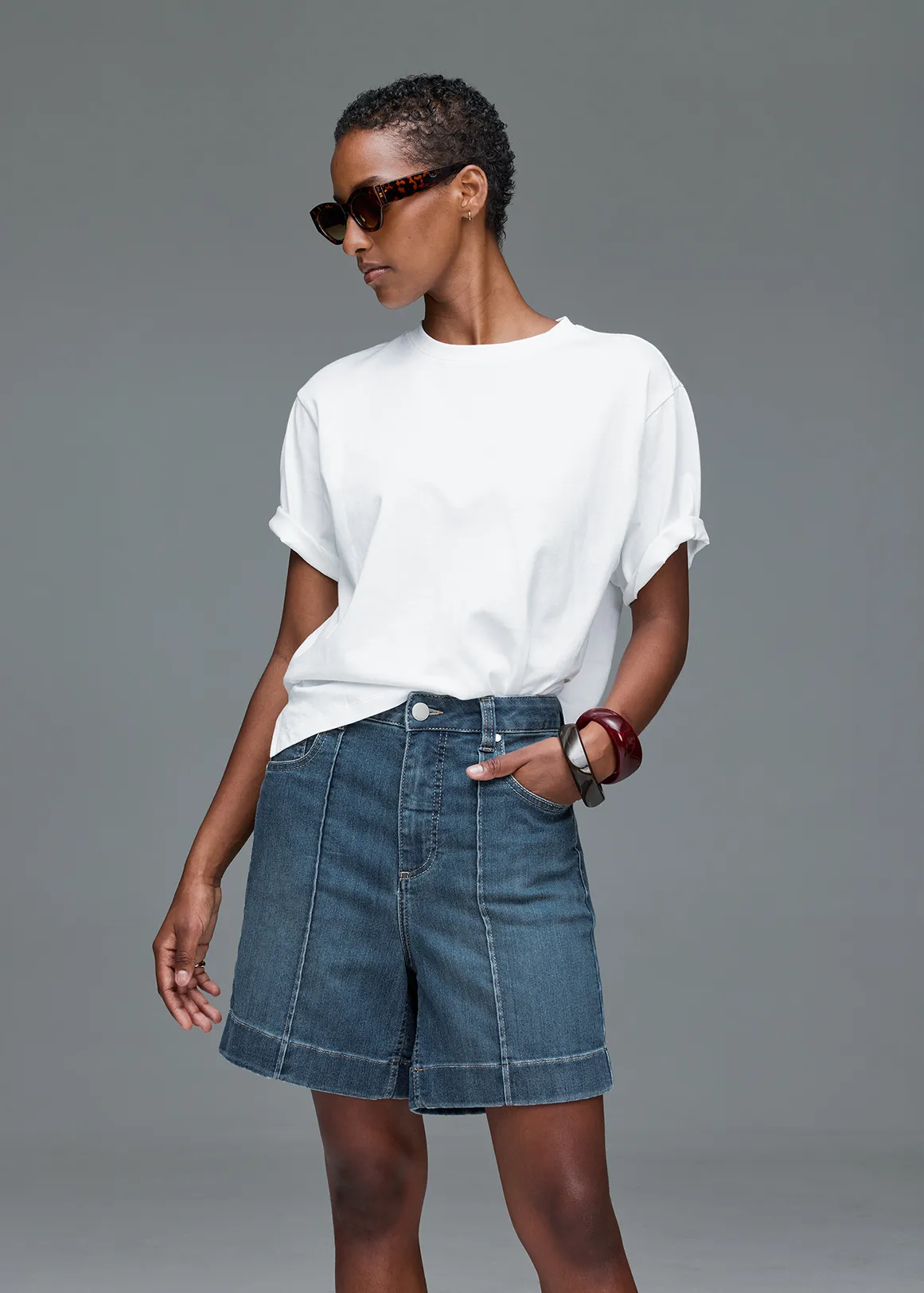 Pleat Detail High Rise Denim Shorts - MEDIUM BLUE