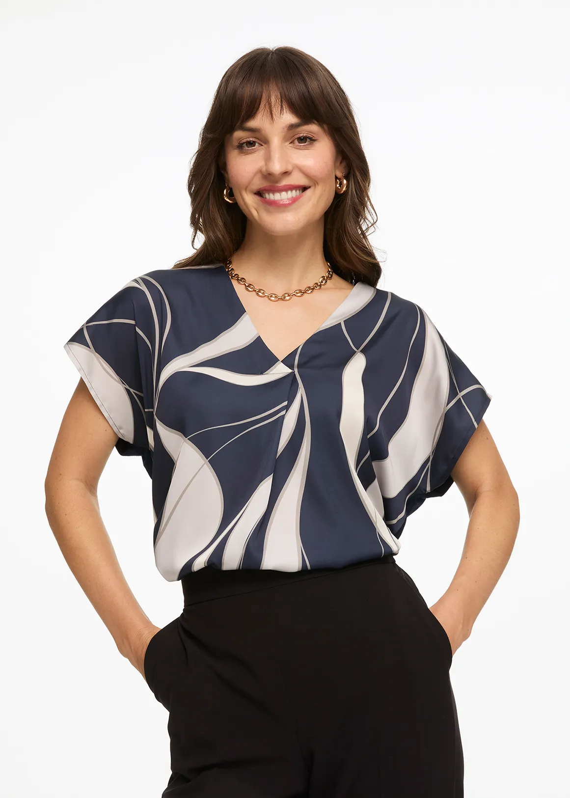 Pleat V-neck Top - X NAVY