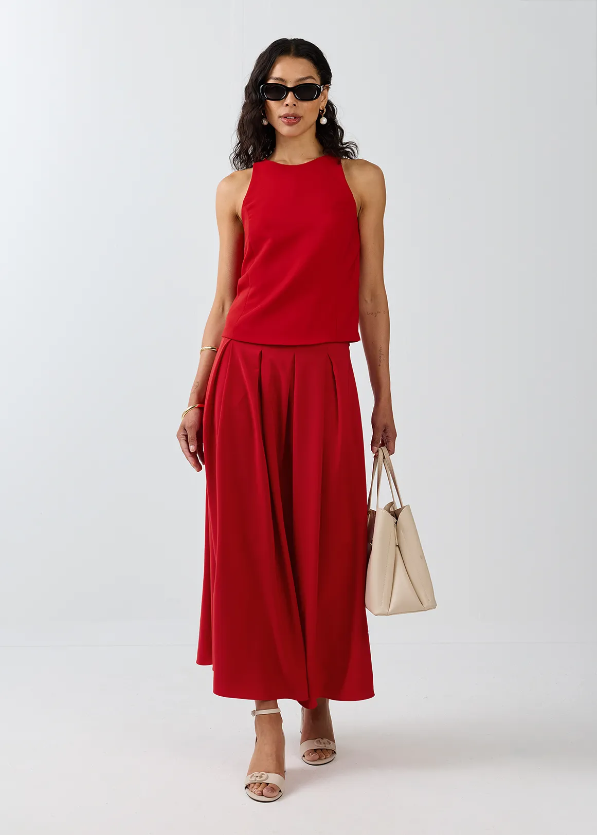 Pleated A-line Maxi Skirt - RED