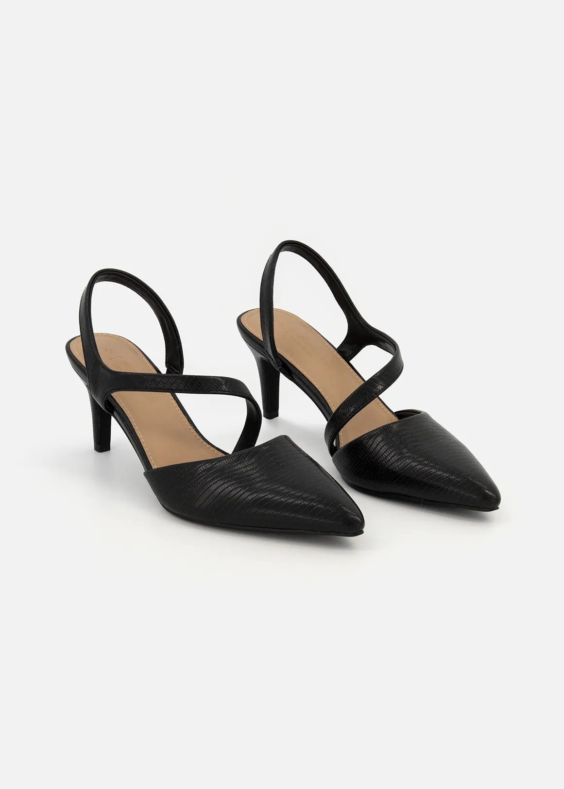 Pointy Textured Asymmetric Slingback Court Shoes - BLACK