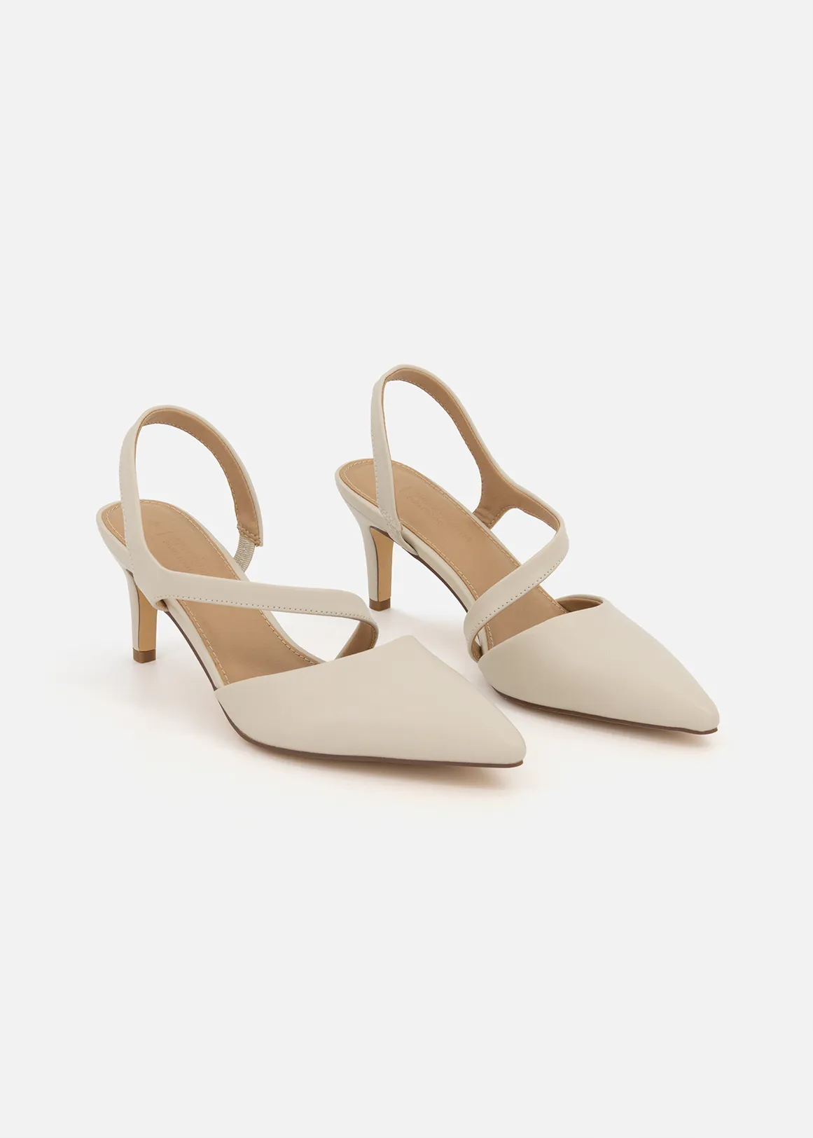 Pointy Textured Asymmetric Slingback Court Shoes - NATURAL