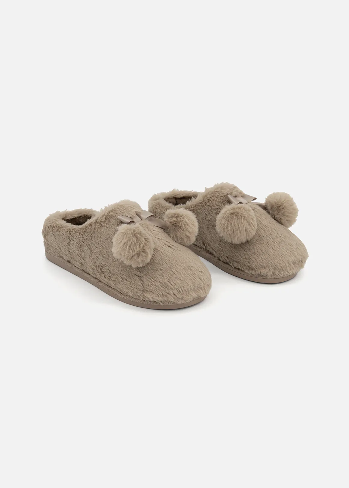 Pom Pom Fluffy Mule Slippers - TAUPE