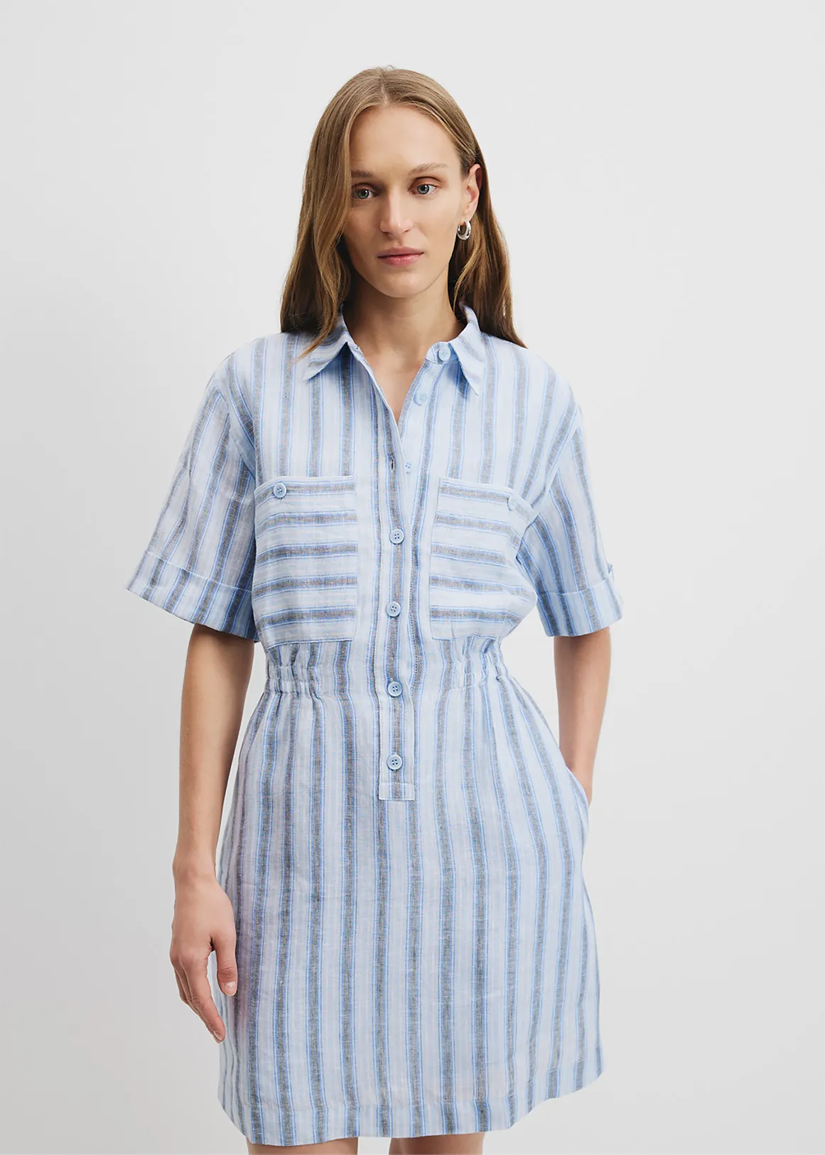 Print Cinched Mini Dress - BLUE STRIPE