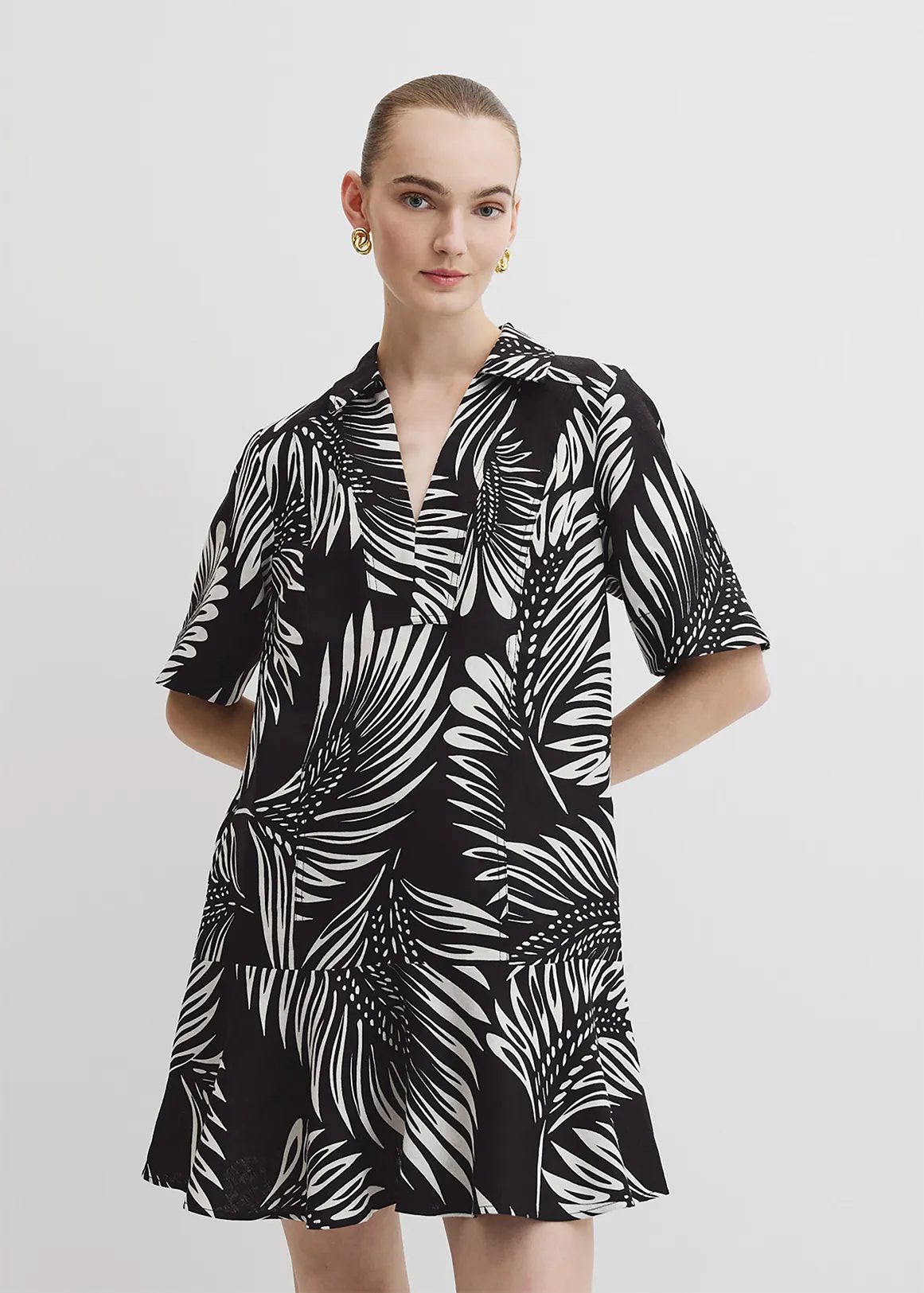 Print Linen Popover Dress - BLACK FEATHER PALM
