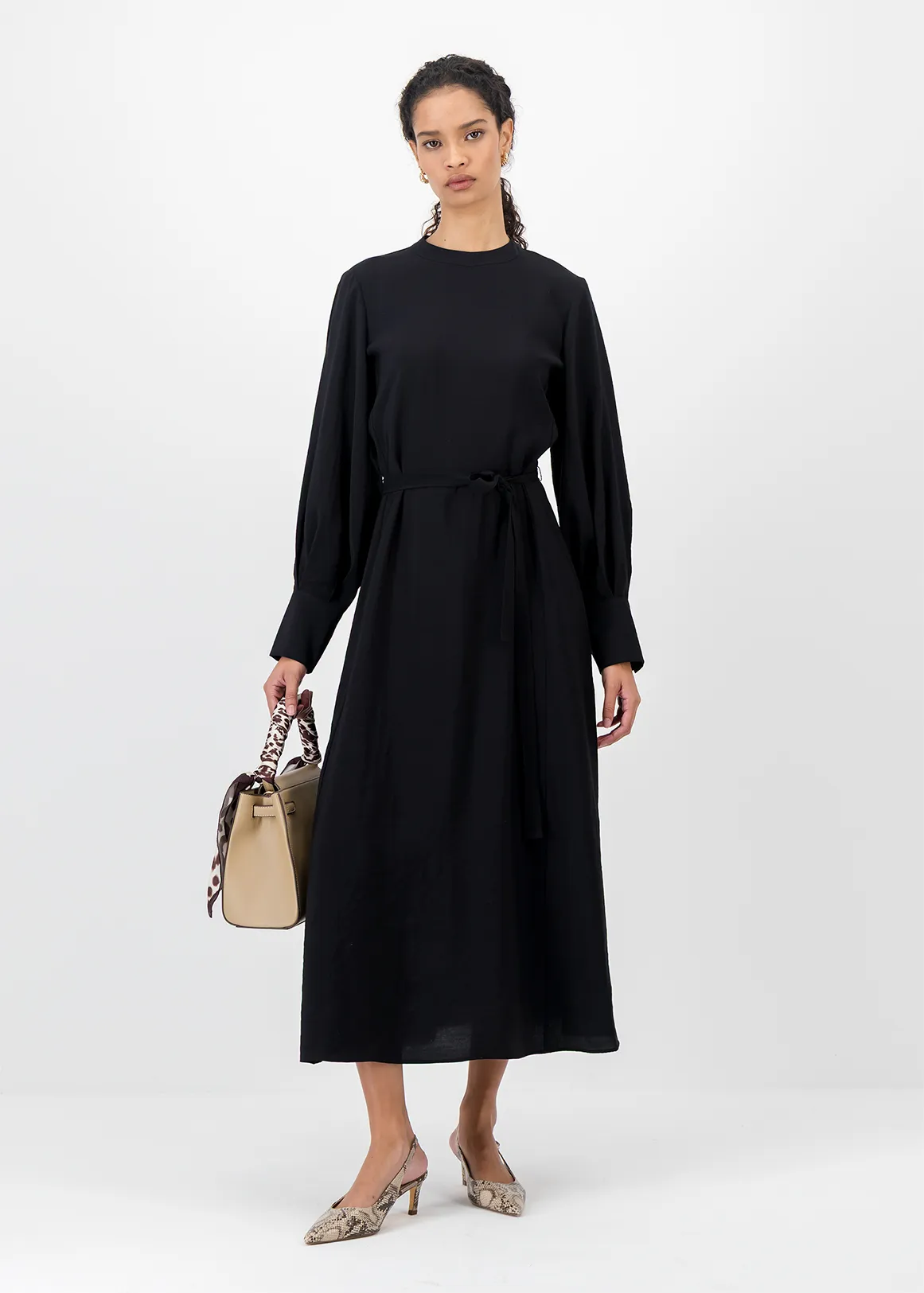 Printed Belted Midi Shift Dress - BLACK