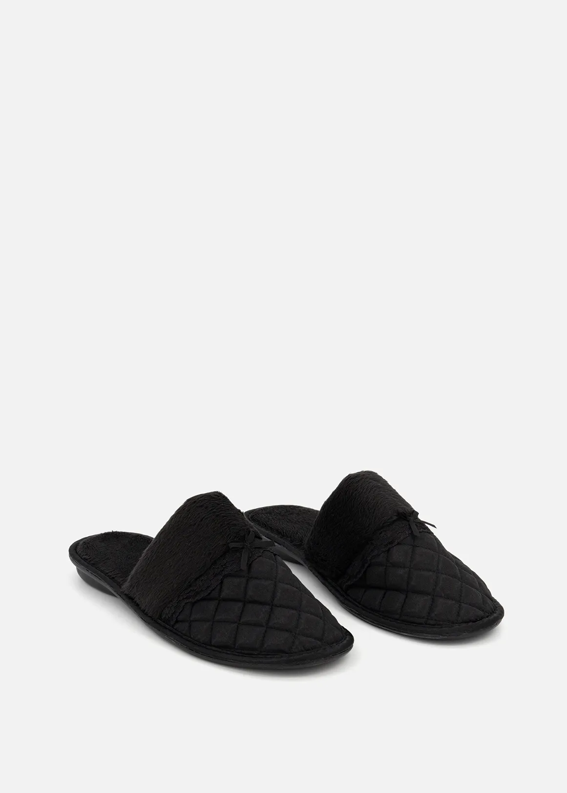 Quilted Satin Mule Slippers - BLACK