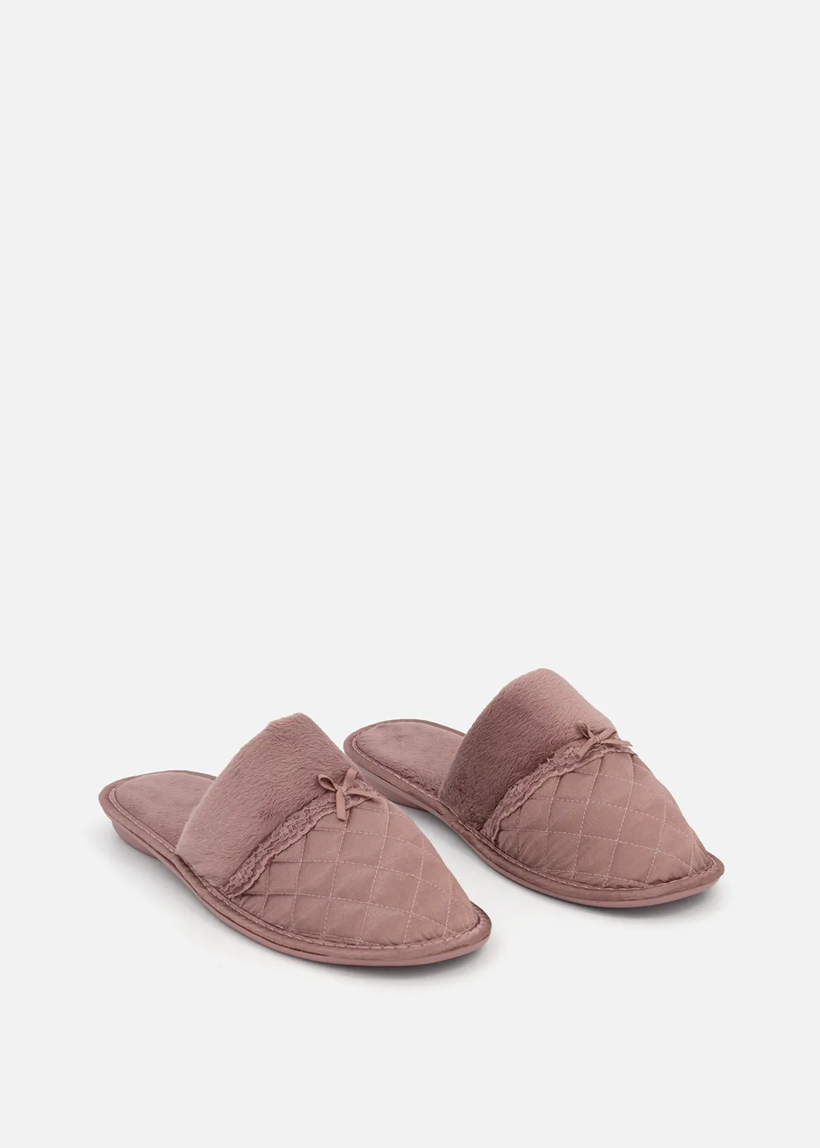 Quilted Satin Mule Slippers - DUSTY PINK