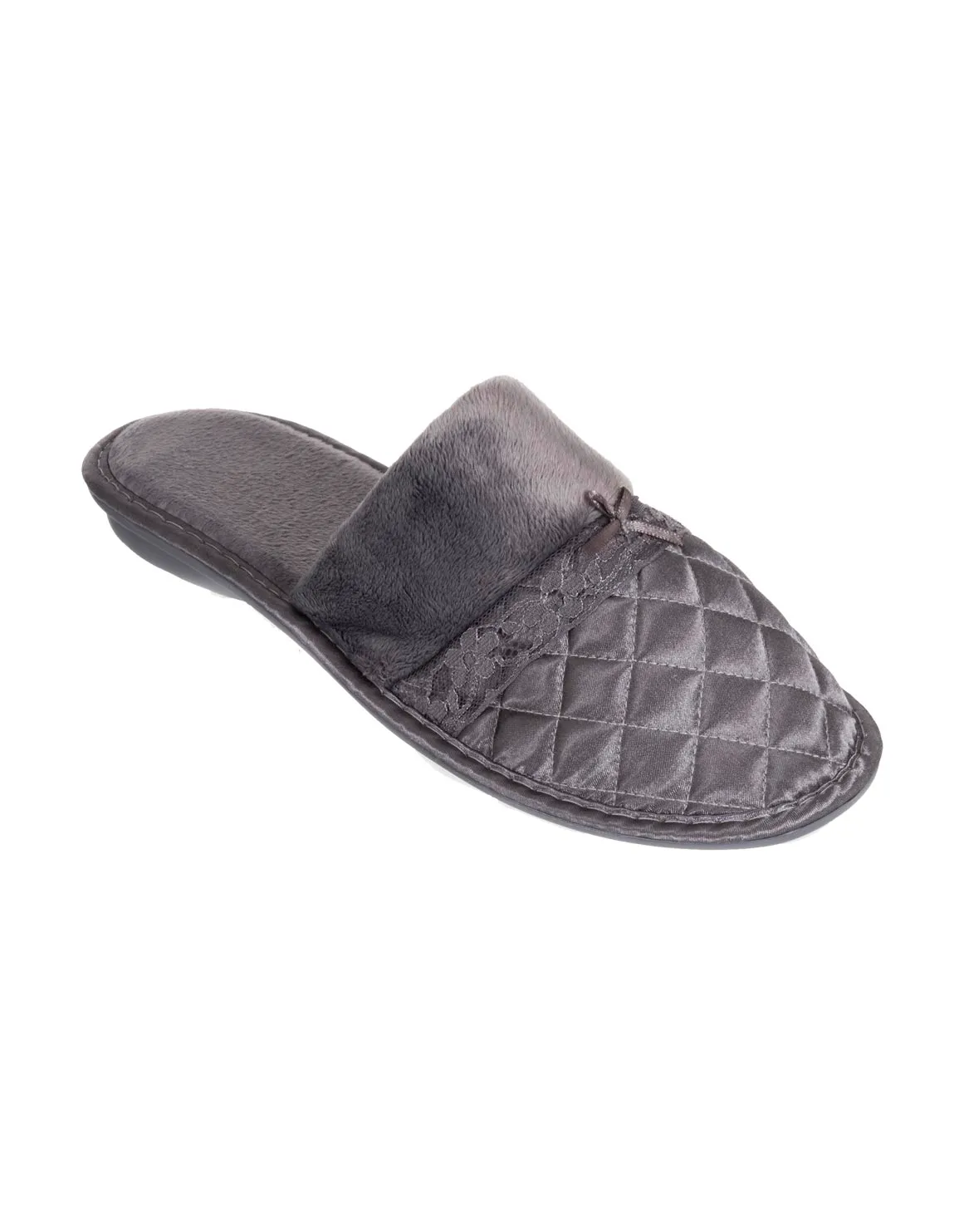 Quilted Satin Mule Slippers - GREY