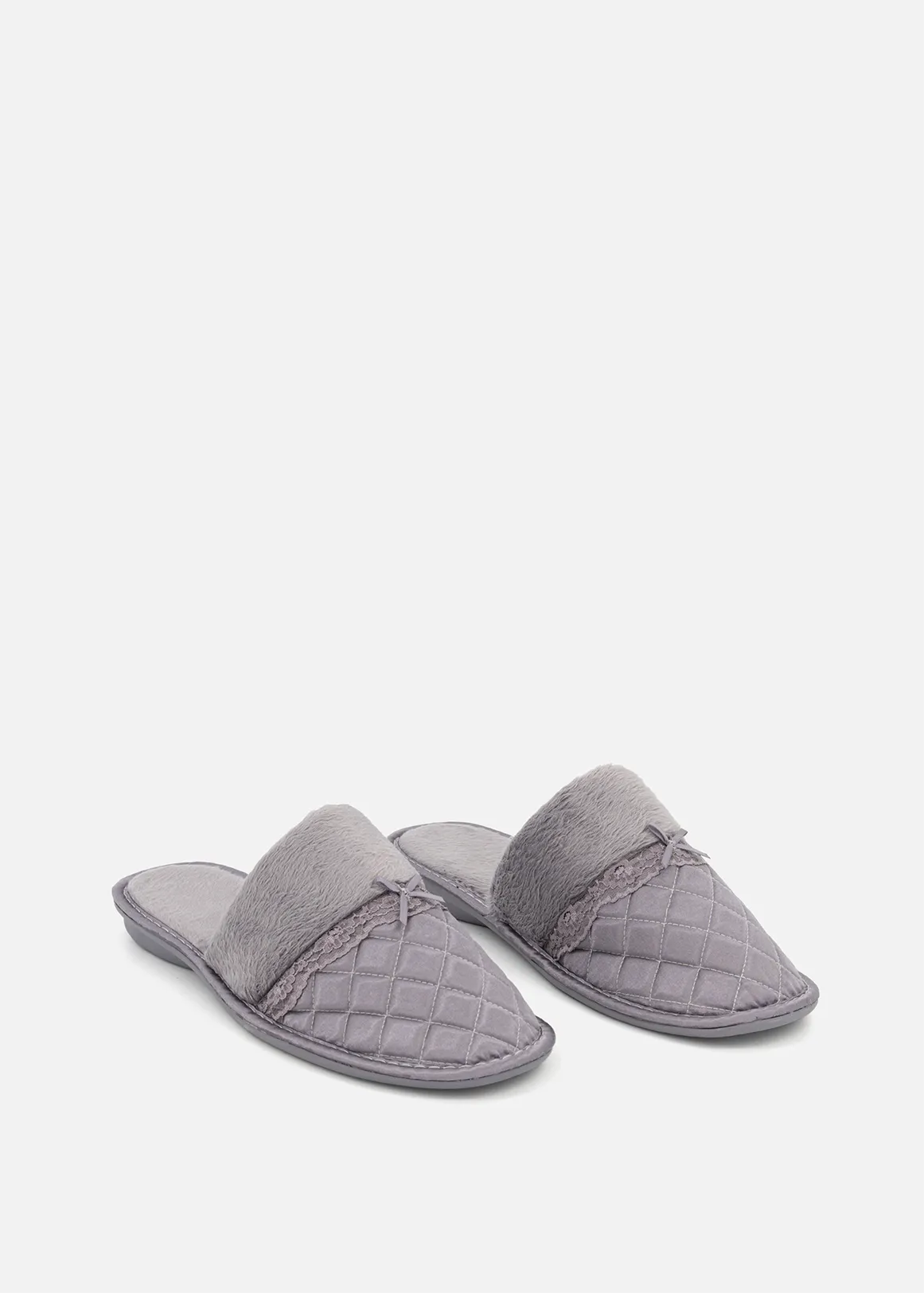Quilted Satin Mule Slippers - GREY