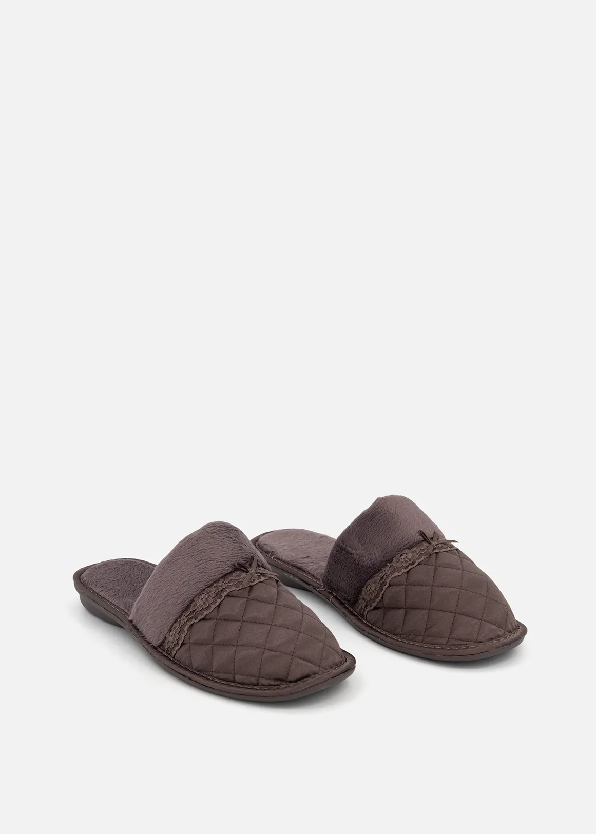 Quilted Satin Mule Slippers - MOCHA