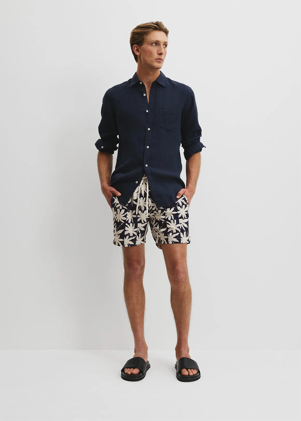 Recycled Polyester Blend Palm Print Swim Short - NAVY