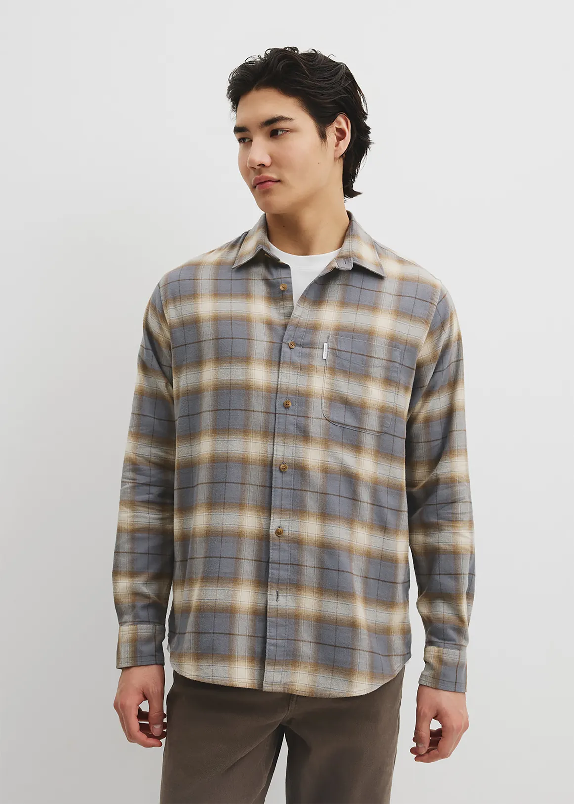 Regular Fit Brushed Check Shirt - WALNUT