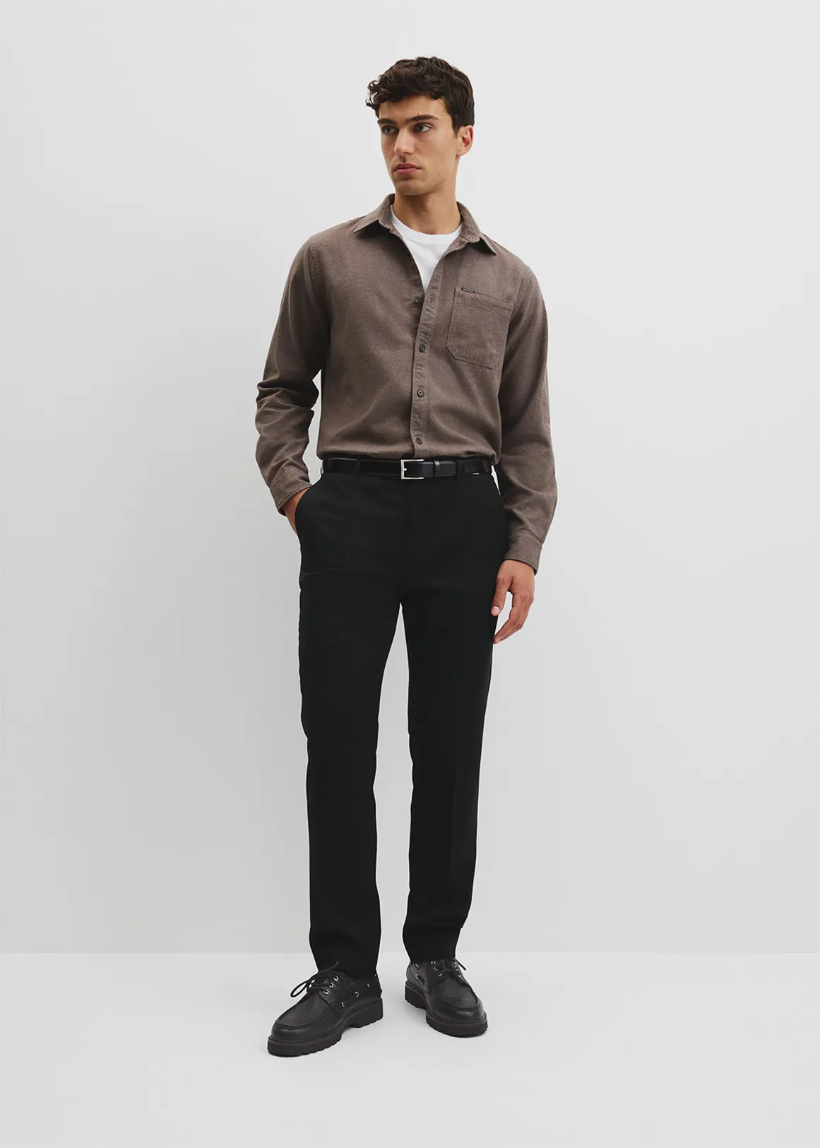 Regular Fit Brushed Cotton Shirt - UMBER MELANGE