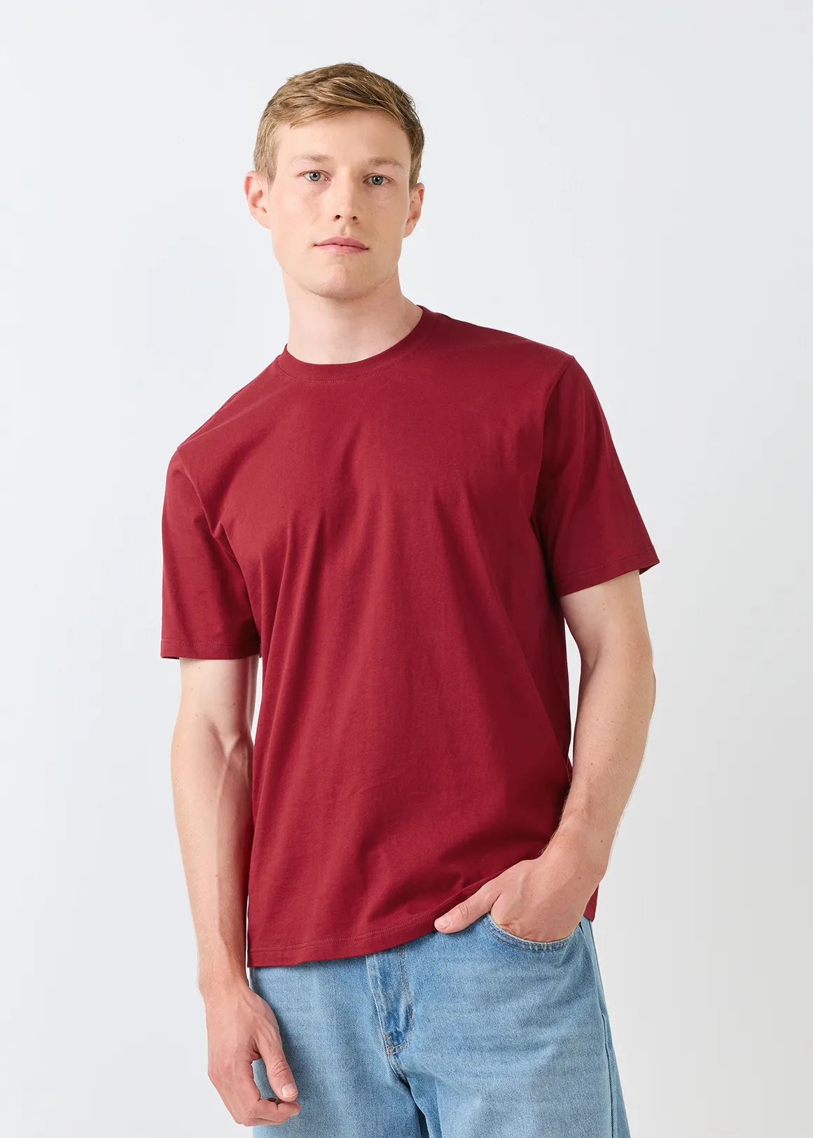 Regular Fit Crew Neck Cotton T-shirt - DARK RED