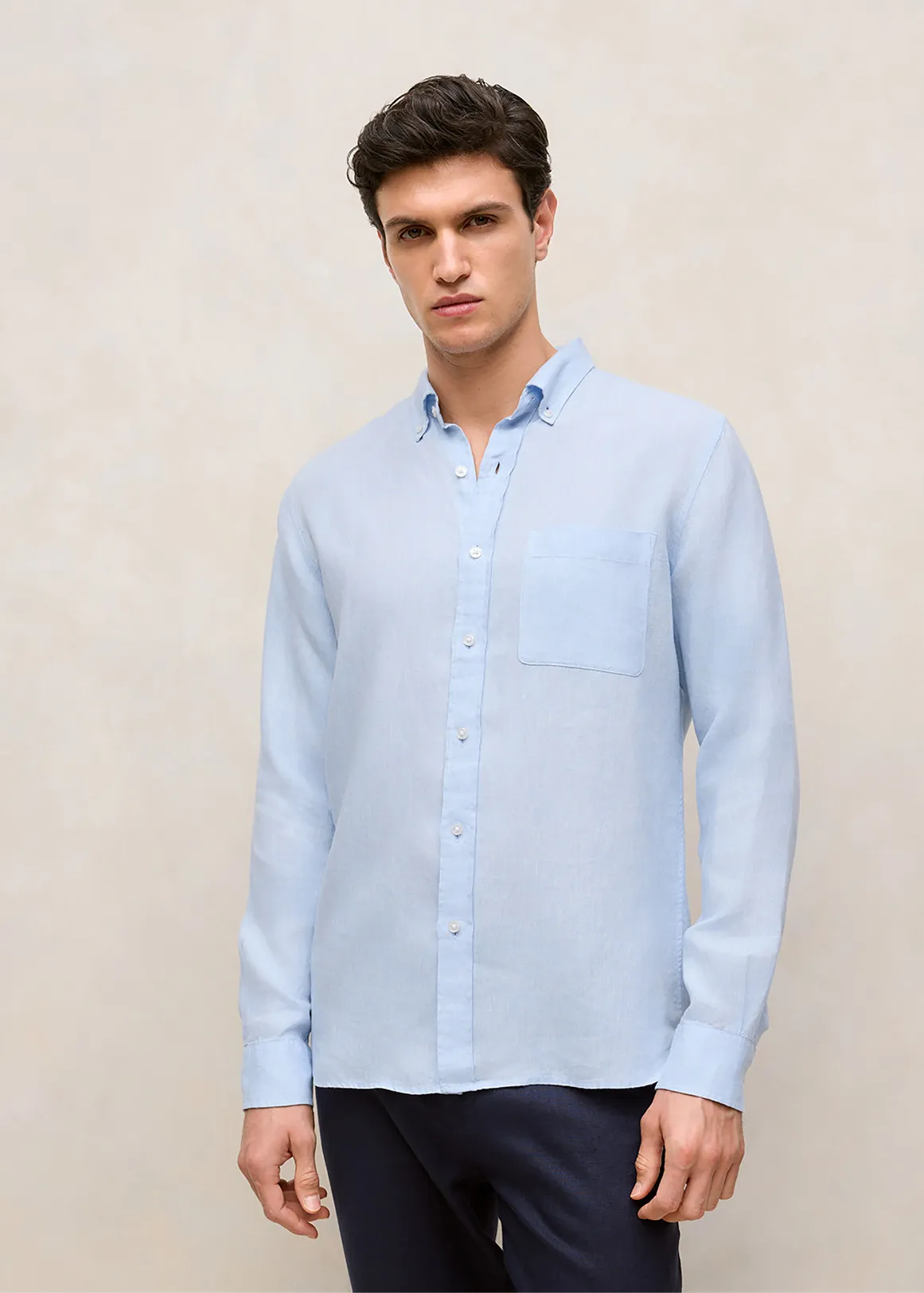 Regular Fit Delave Linen Long Sleeve Shirt - FRESH BLUE