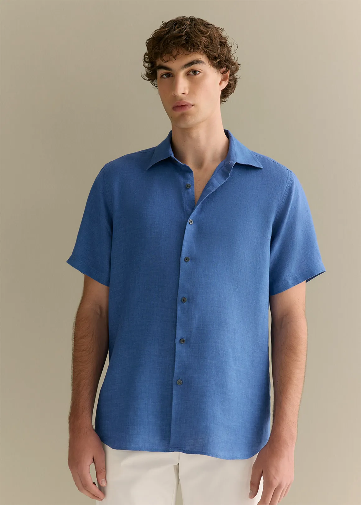 Regular Fit Delave Linen Short Sleeve Shirt - MINERAL BLUE1