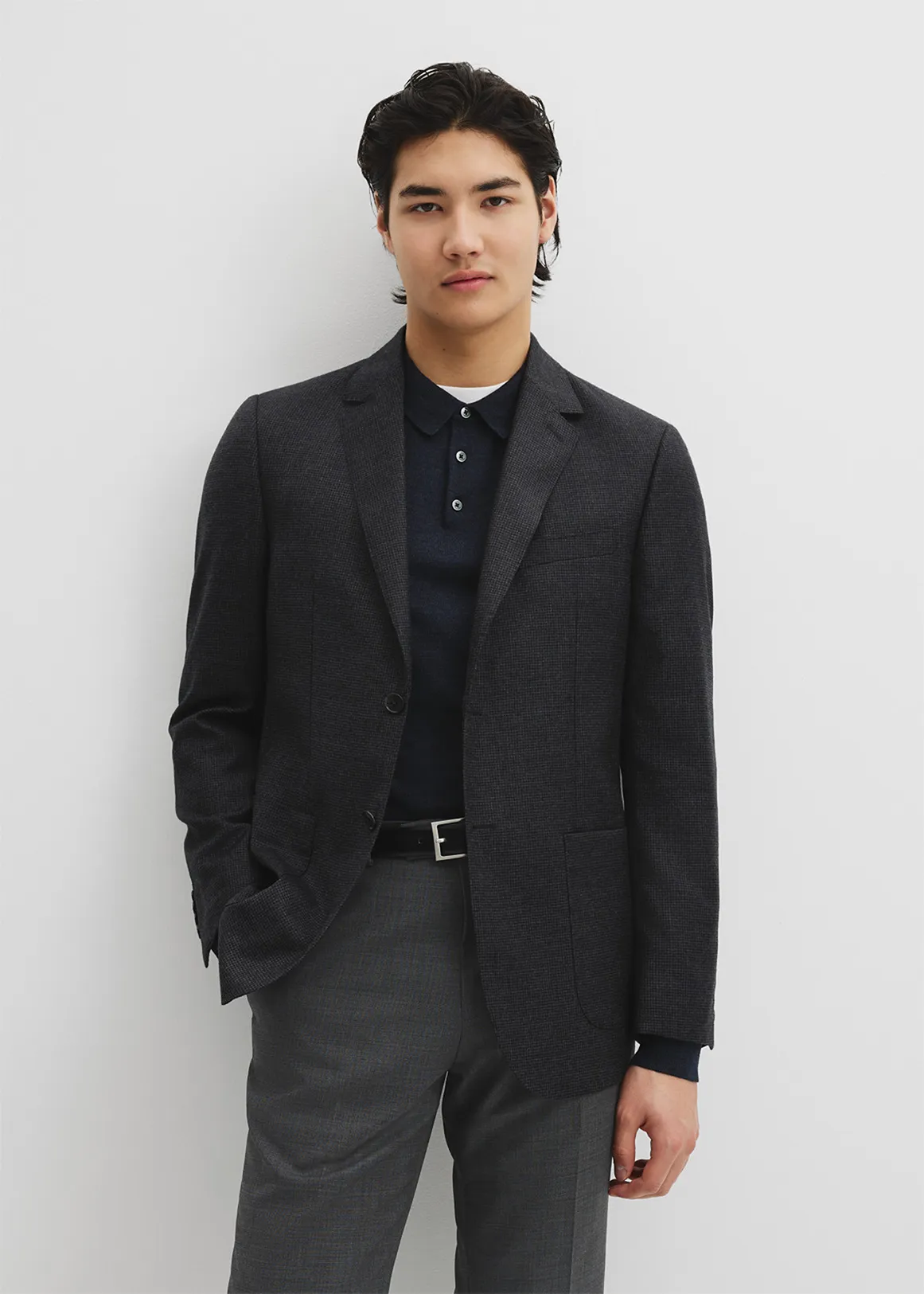 Regular Fit Herringbone Wool Jacket - CHARCOAL