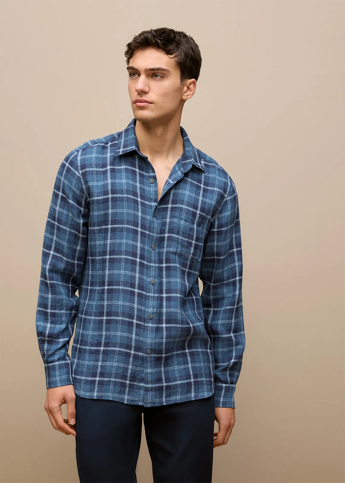 Regular Fit Linen Classic Check Shirt - NAVY