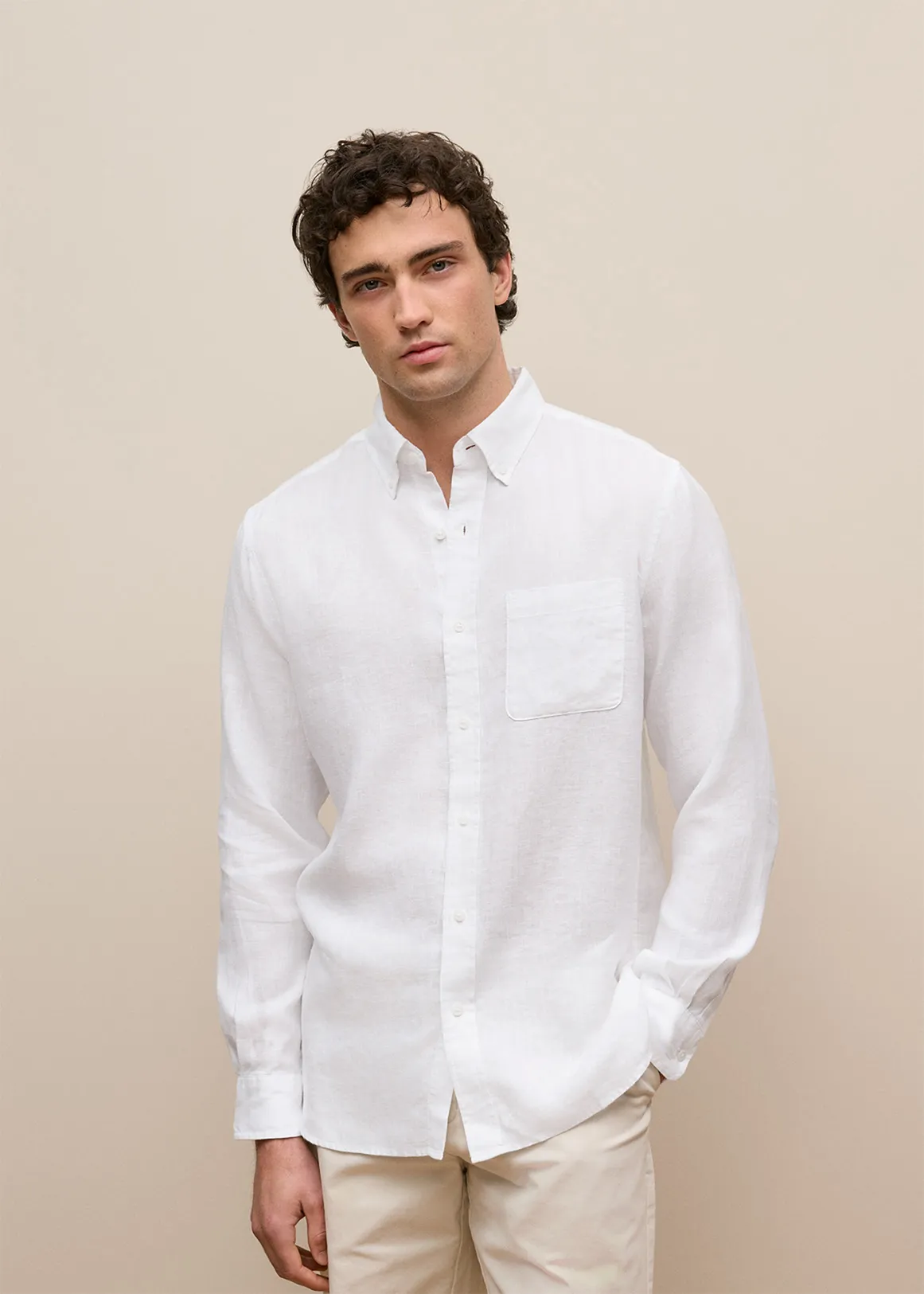 Regular Fit Linen Classic Long Sleeve Shirt - WHITE