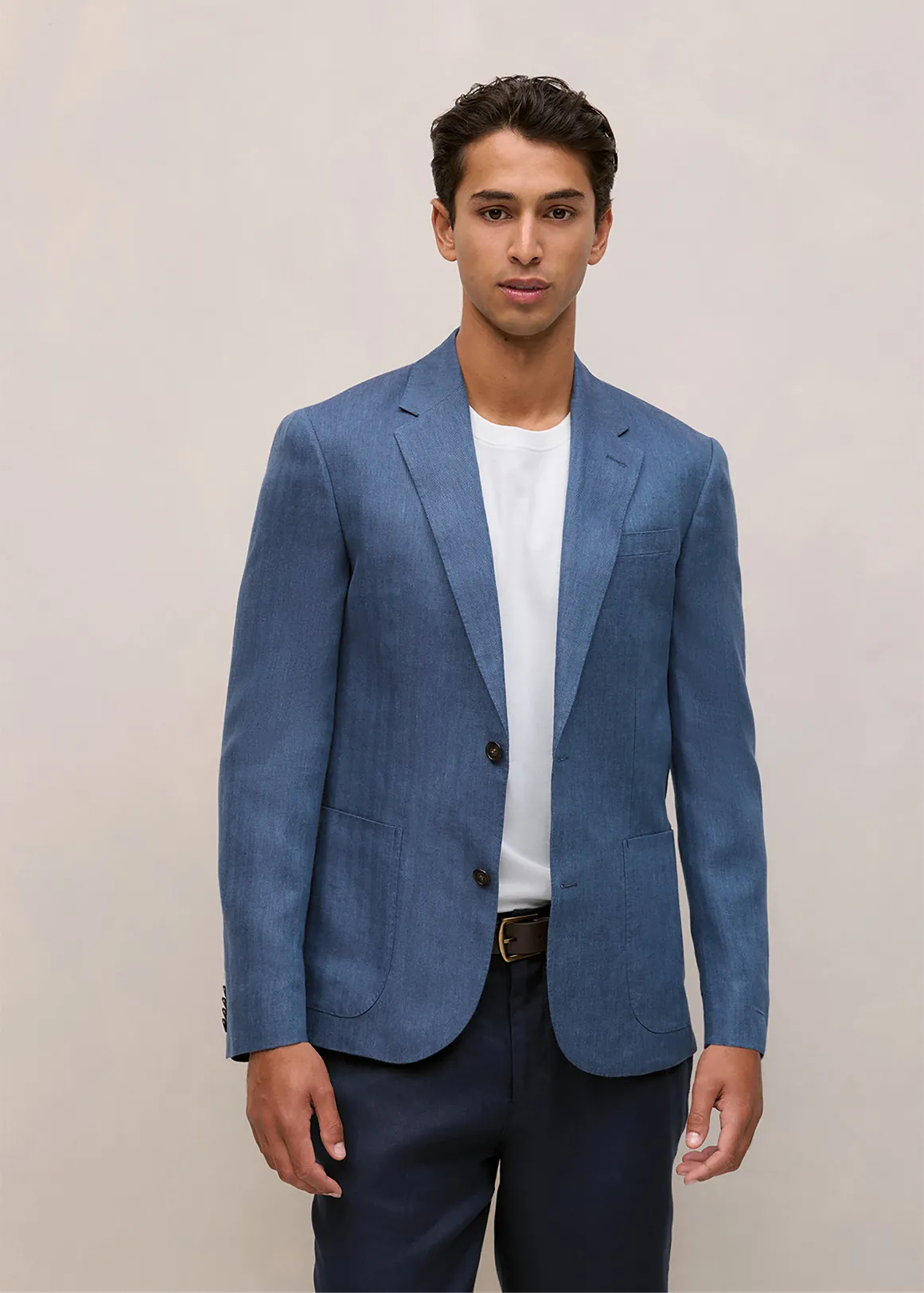 Regular Fit Linen Herringbone Blazer - NAVY