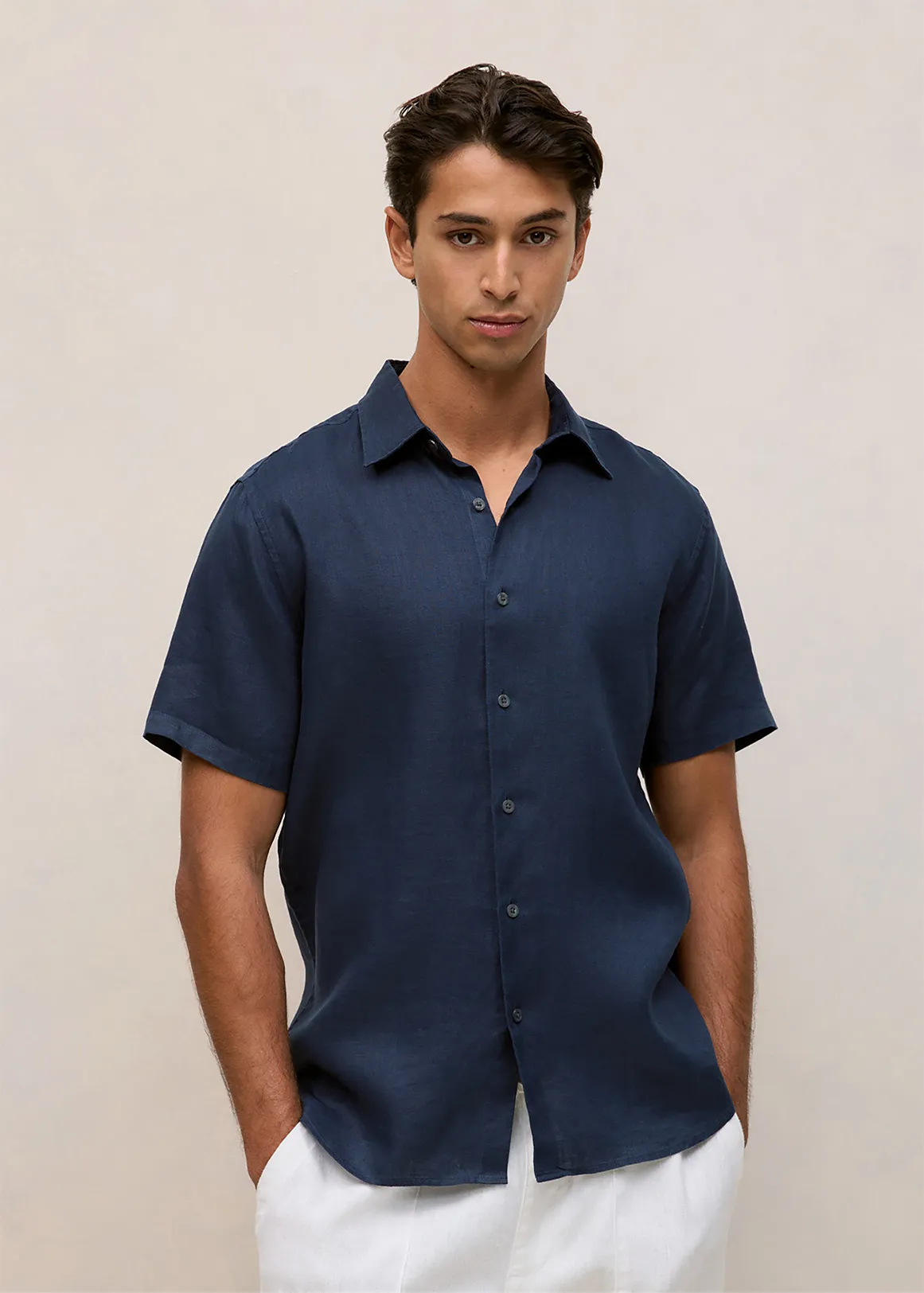 Regular Fit Linen Short Sleeve Shirt - NAVY