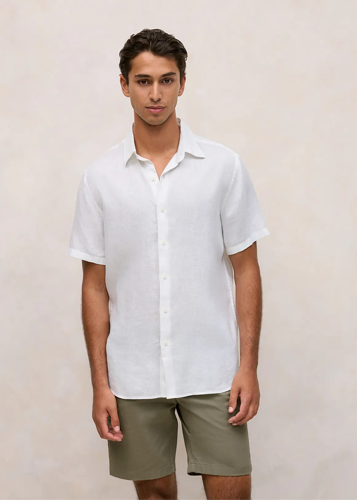 Regular Fit Linen Short Sleeve Shirt - WHITE