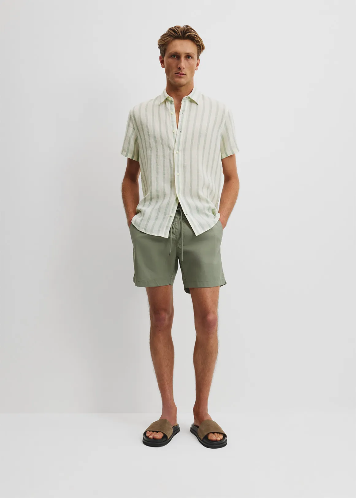Regular Fit Organically Grown Linen Stripe Shirt - SAGE