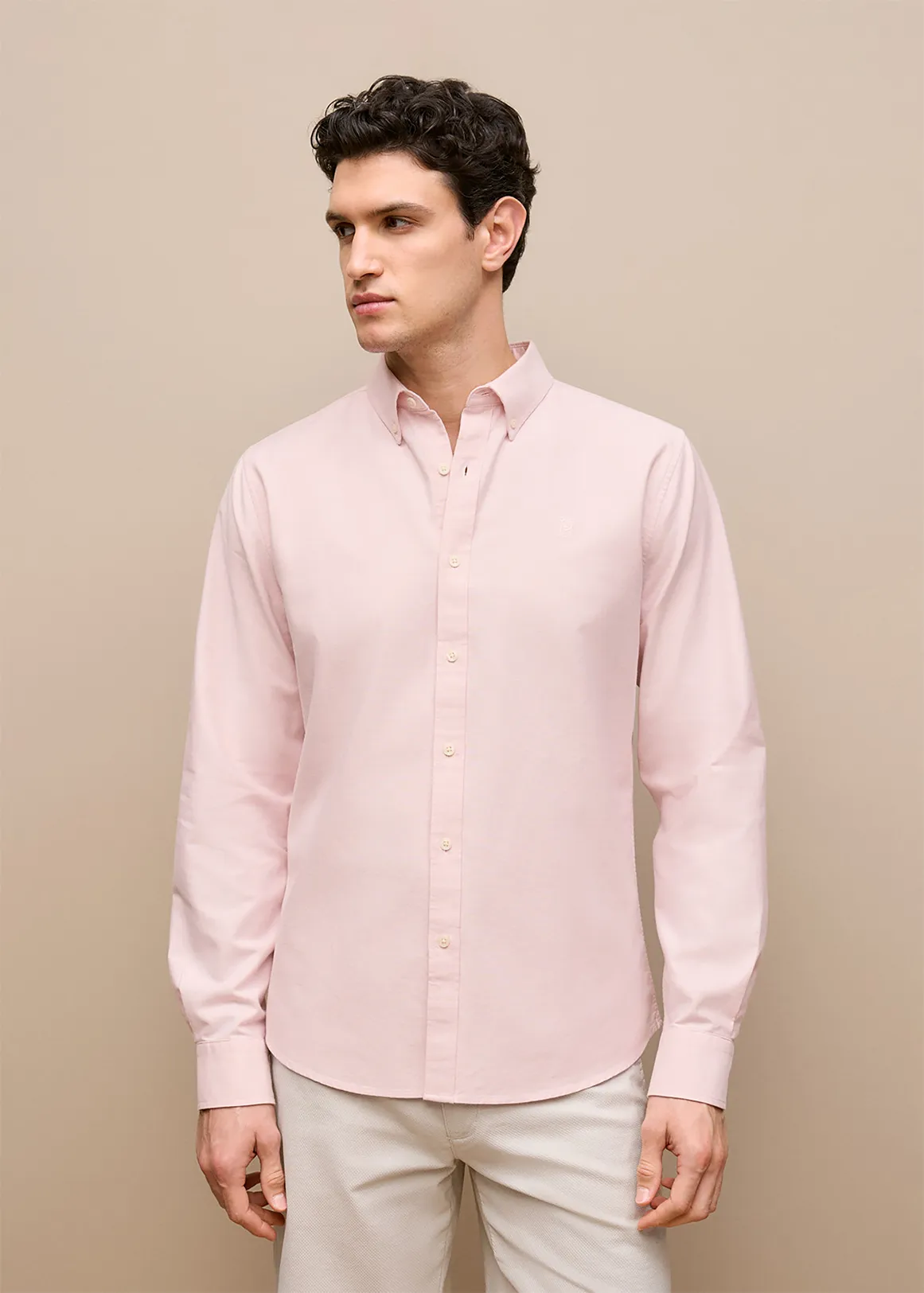 Regular Fit Yarn Dyed Cotton Monogram Oxford Shirt - ASH PINK