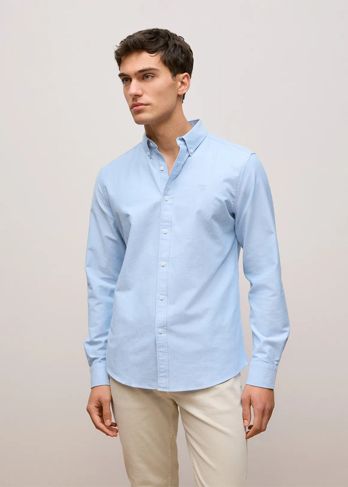 Regular Fit Yarn Dyed Cotton Monogram Oxford Shirt - MIST BLUE