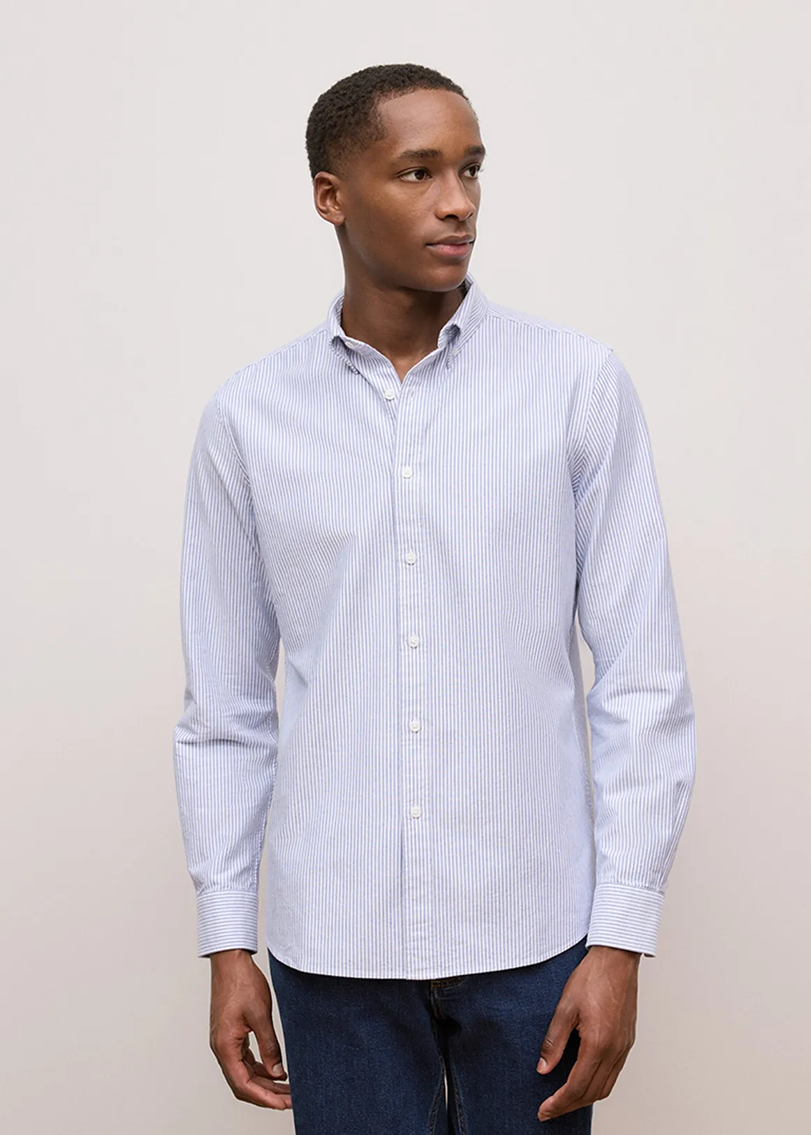 Regular Fit Yarn Dyed Stripe Oxford Shirt - STEEL BLUE