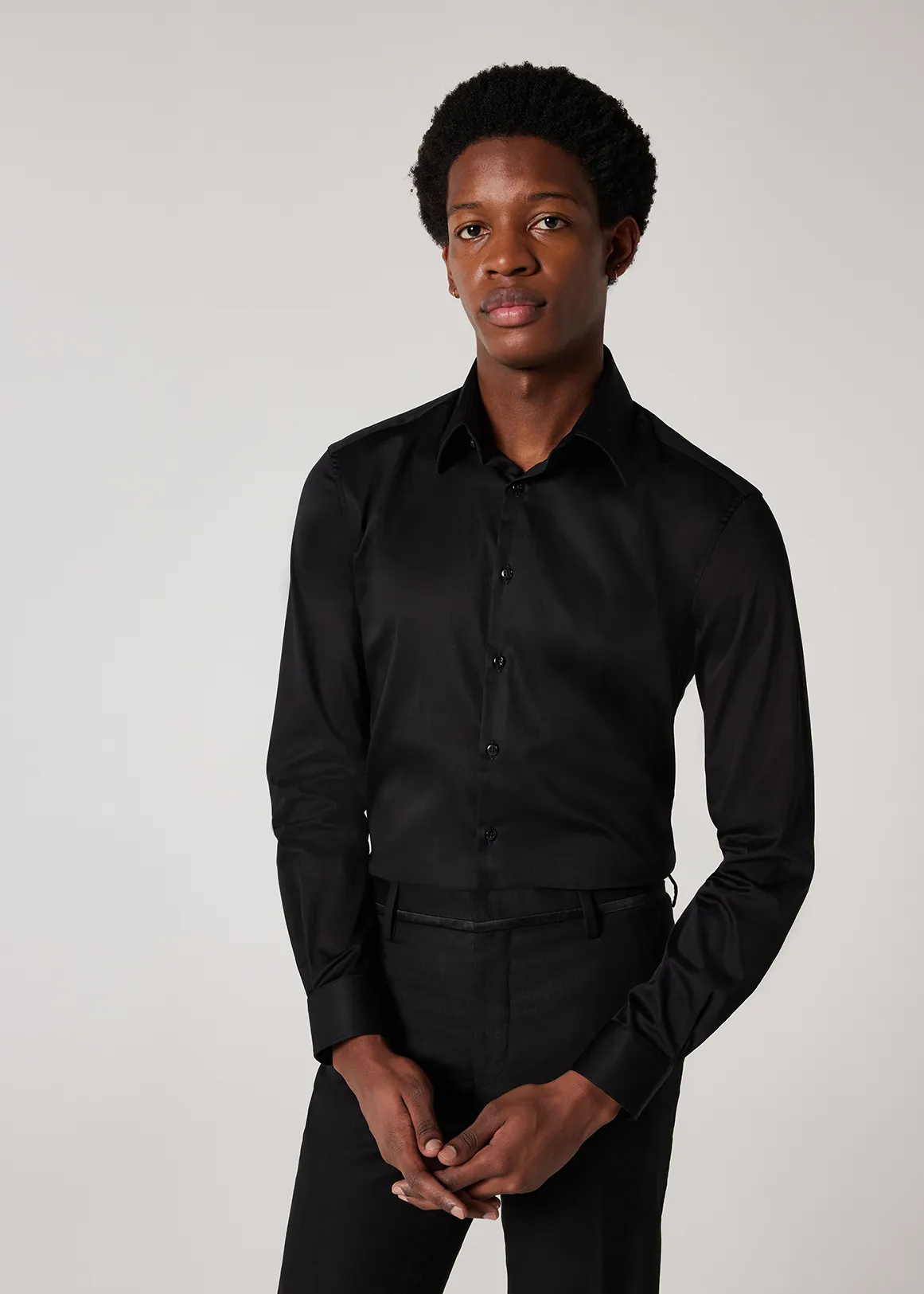 Regular Sateen Long Sleeve Shirt - BLACK
