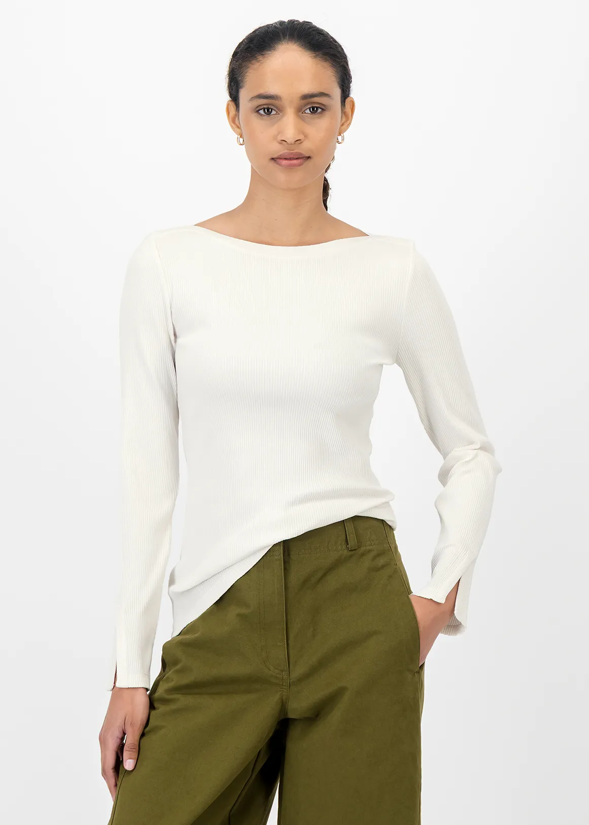 Ribbed Boat Neck Stretch Viscose Top - CREAM