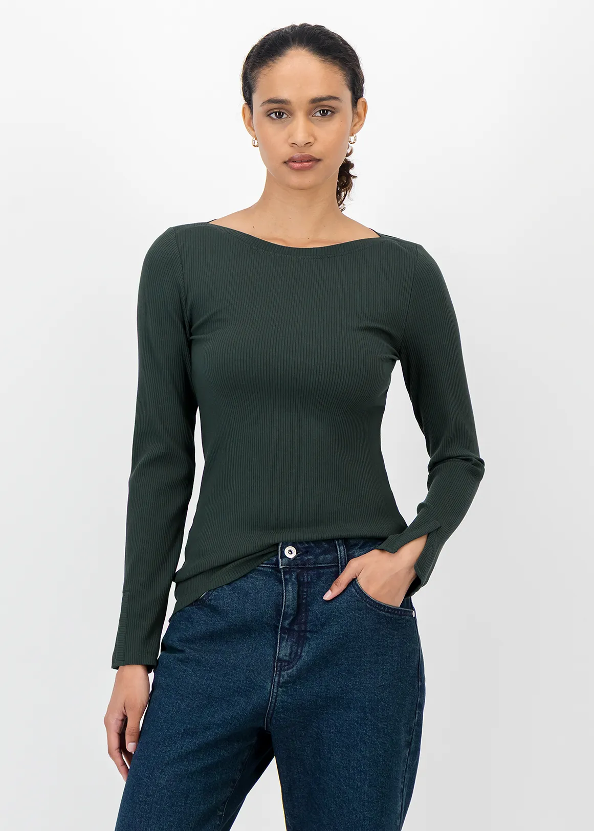 Ribbed Boat Neck Stretch Viscose Top - DARK GREEN