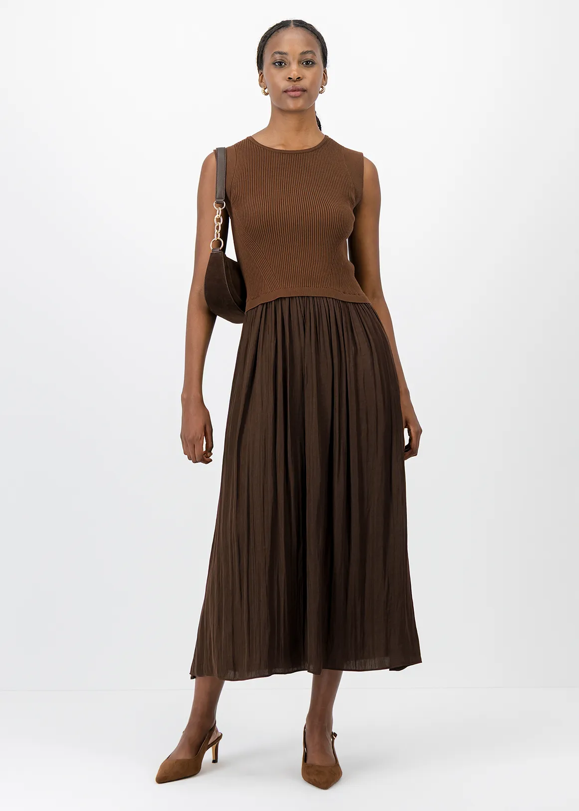 Ribbed Pleated Satin Midi Dress - BROWN