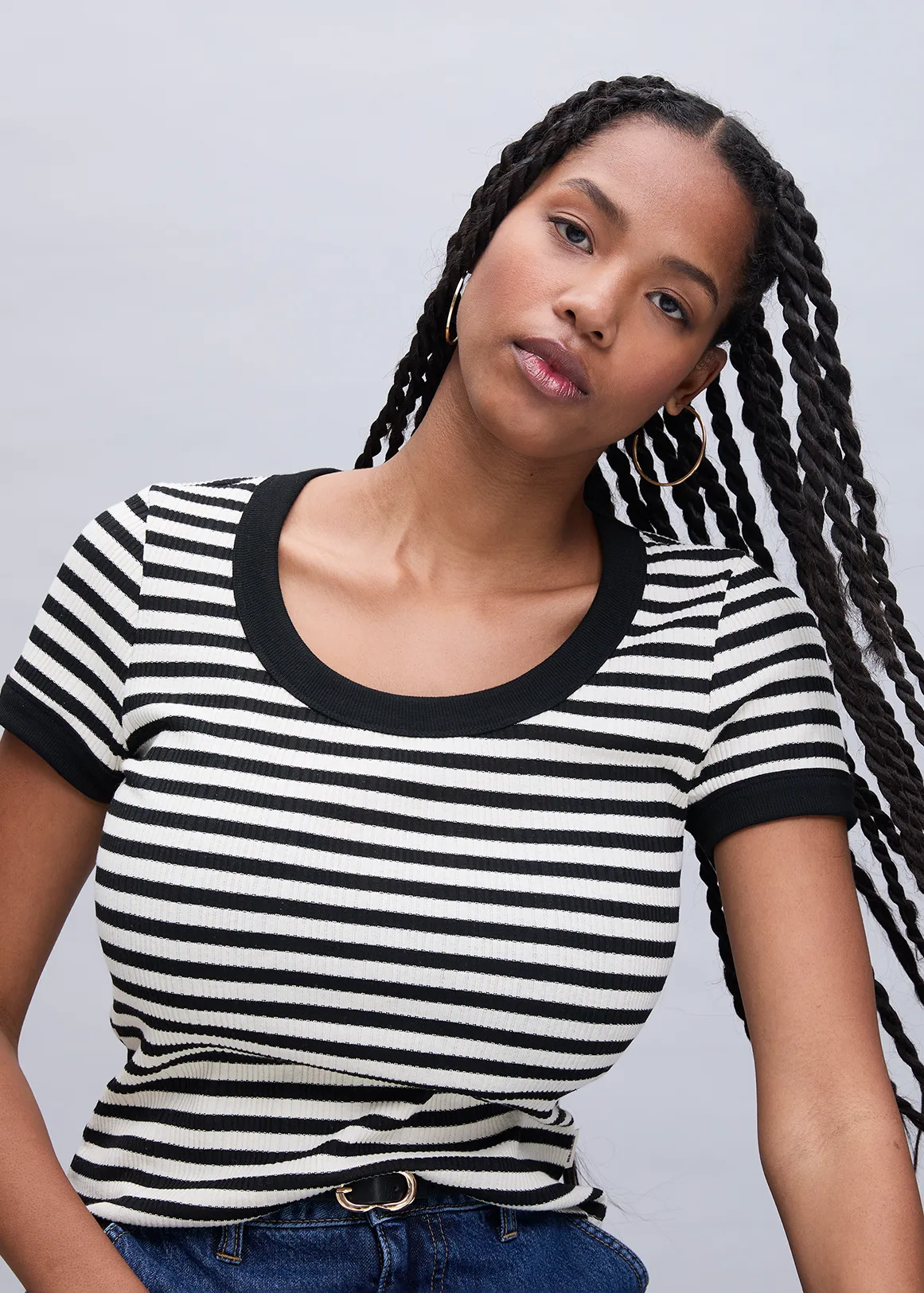 Ribbed Scoop Neck Cotton Blend T-shirt - X BLACK