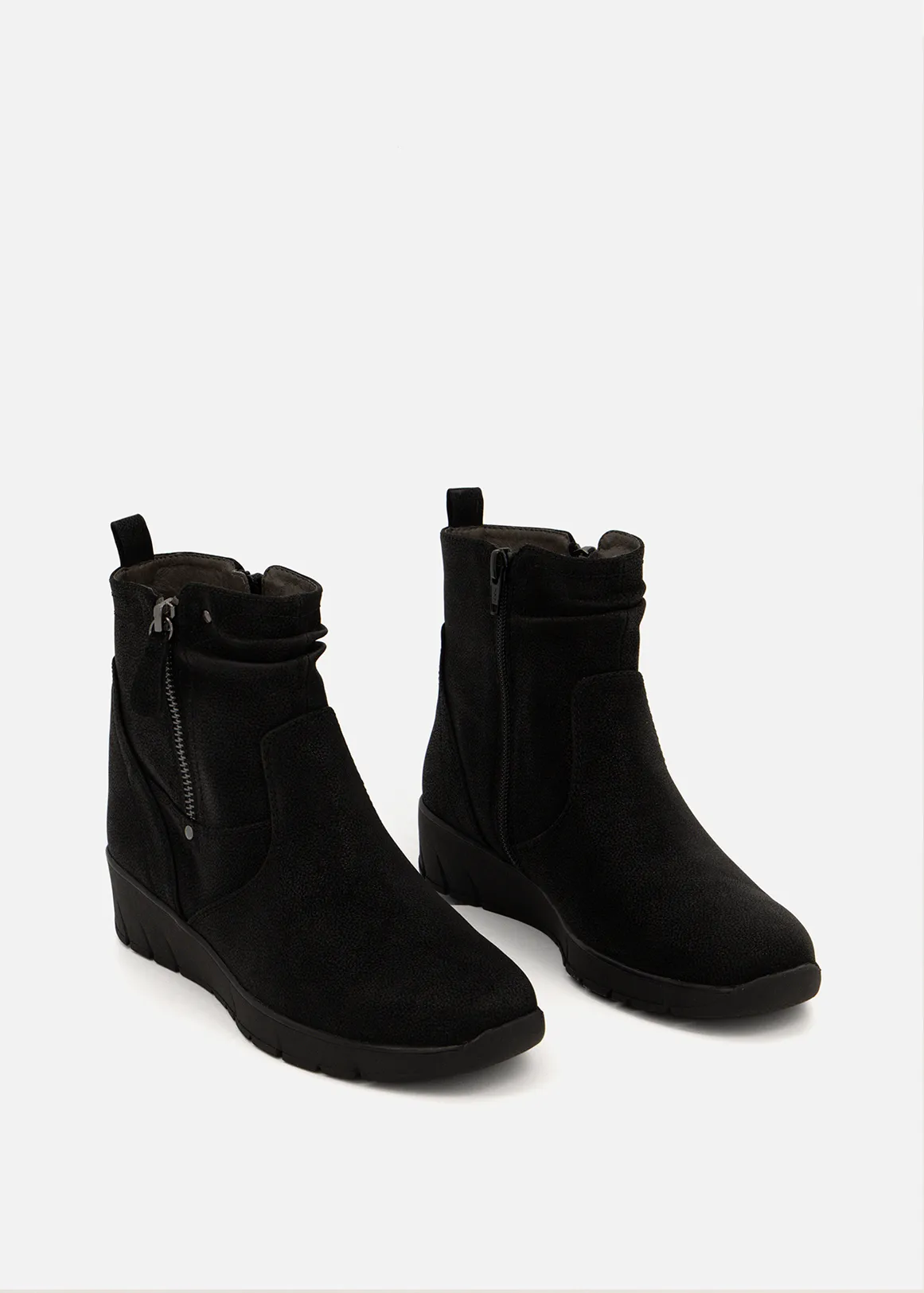 Ruche & Zipped Wedge Ankle Boots - BLACK