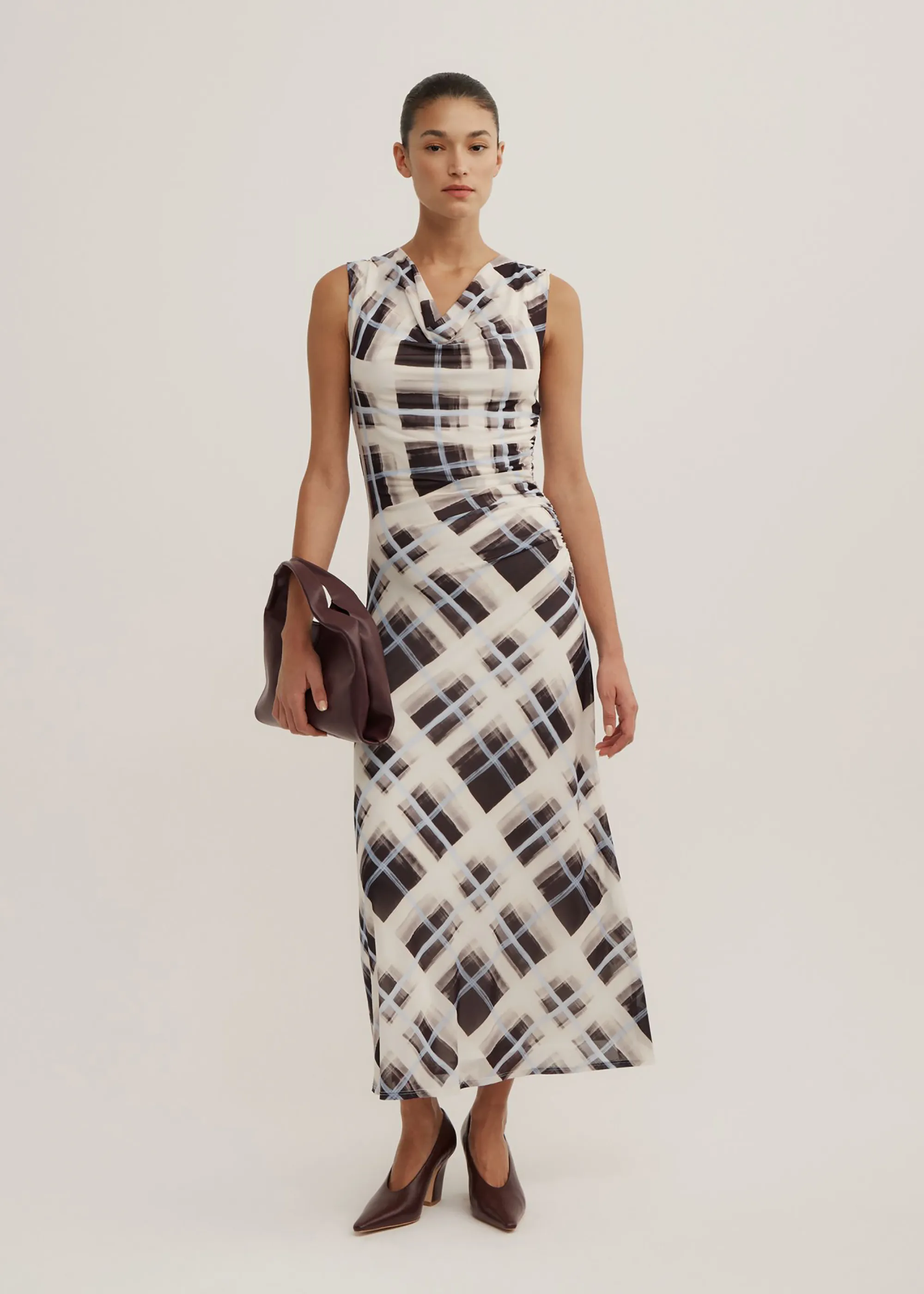 Ruched Cowl Mesh Dress - PAINTERLY CHECK