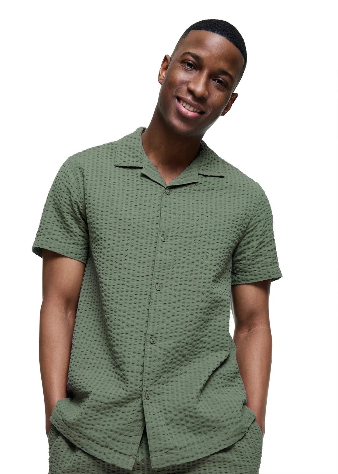 Seersucker Revere Collar Cotton Shirt - SAGE