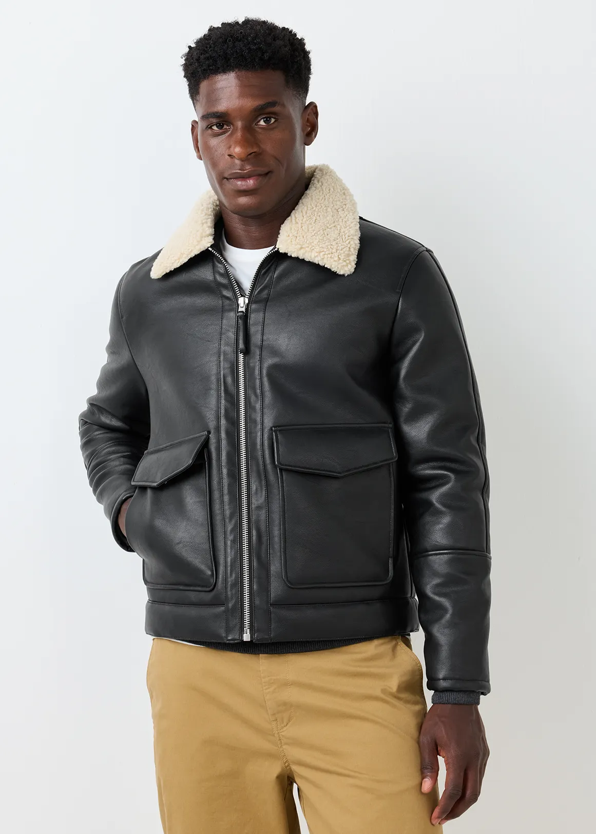 Sherpa Collar Faux Leather Aviator Jacket - BLACK